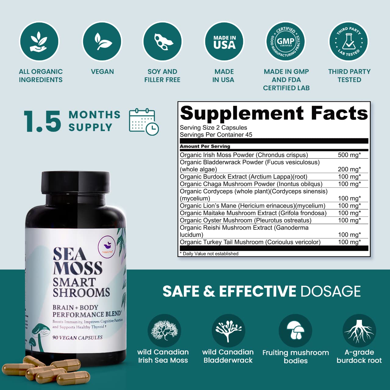 HAPPY FOX Irish Sea Moss Capsules & Mushroom Complex - Organic Seamoss with Adaptogens for Brain Health, 1500mg, 90 Vegan Capsules, Organic Mushroom Supplement HAPPY FOX Au supplements