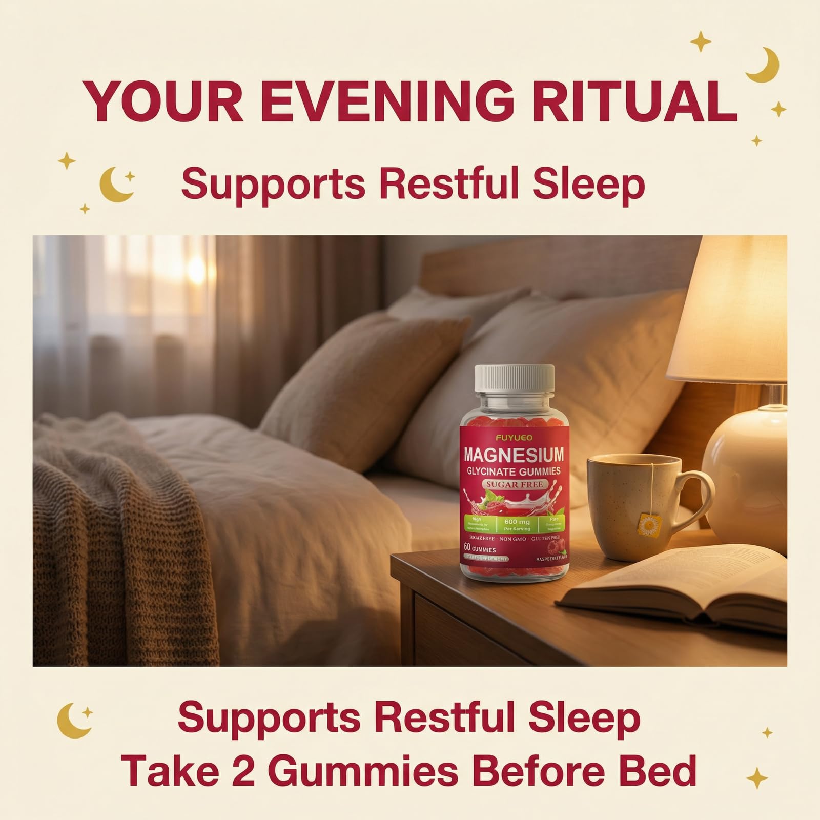 FUYUEO Magnesium Glycinate Gummies for Sleep & Relaxation, Sugar Free High Absorption Magnesium Supplement for Men & Women, Gentle on Stomach, Chewable, Raspberry, 60 Count (Pack of 1) FUYUEO Au supplements