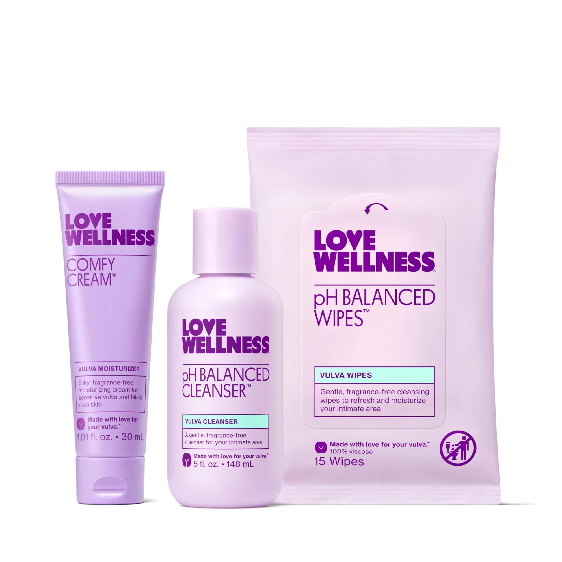 Love Wellness Skincare for Down There Bundle | Gentle pH Balancing Cleanser, Moisturizing Comfy Cream & Refreshing Wipes | Feminine Care for pH Balance, Dry & Sensitive Vulva | Fragrance-Free Love Wellness Au supplements