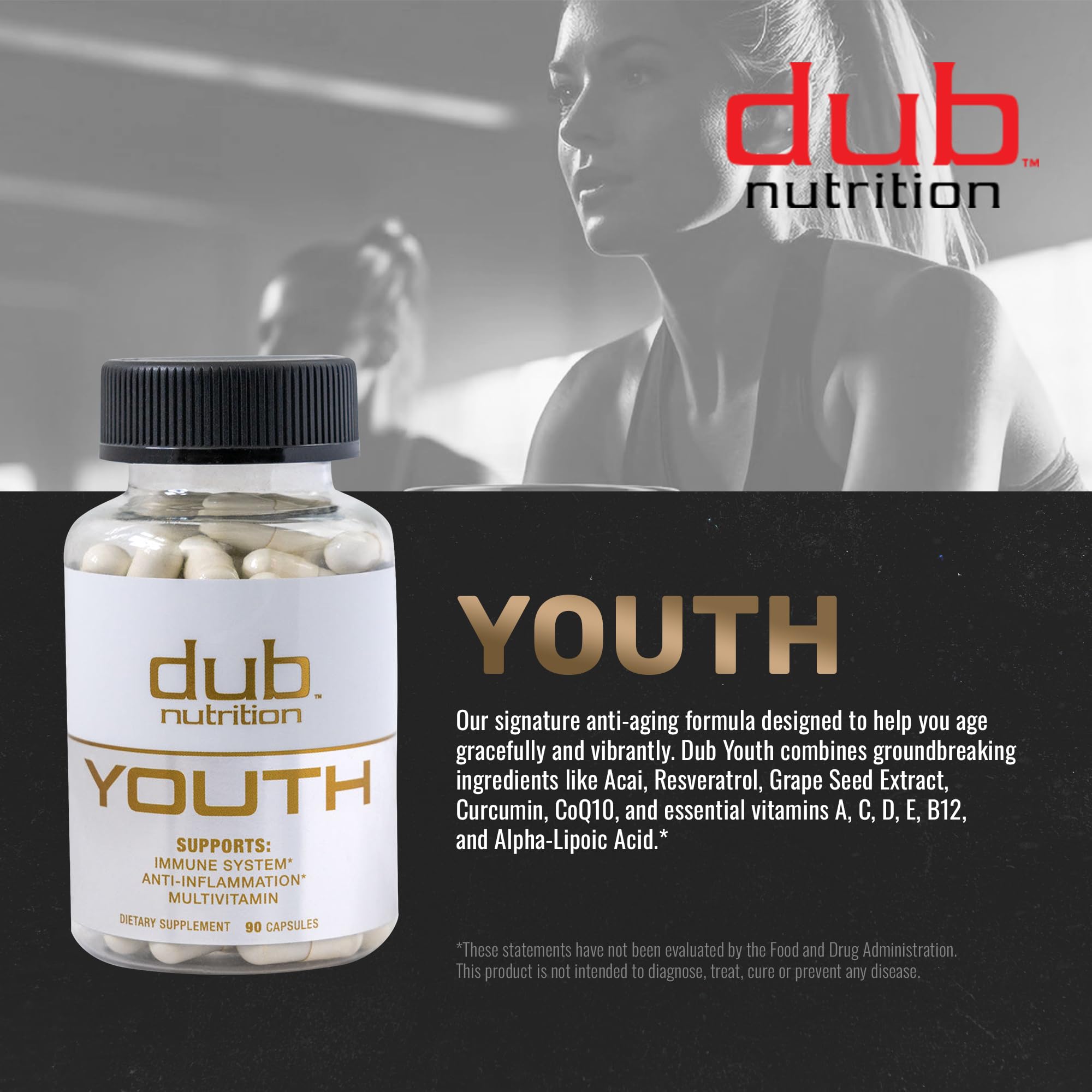Dub Nutrition Youth - Formula with Acai, Resveratrol, Curcumin, Vitamins A, C, D, E, B12, and CoQ10 - Supports Immunity and Mobility - 90 Capsules Dub Nutrition Au supplements