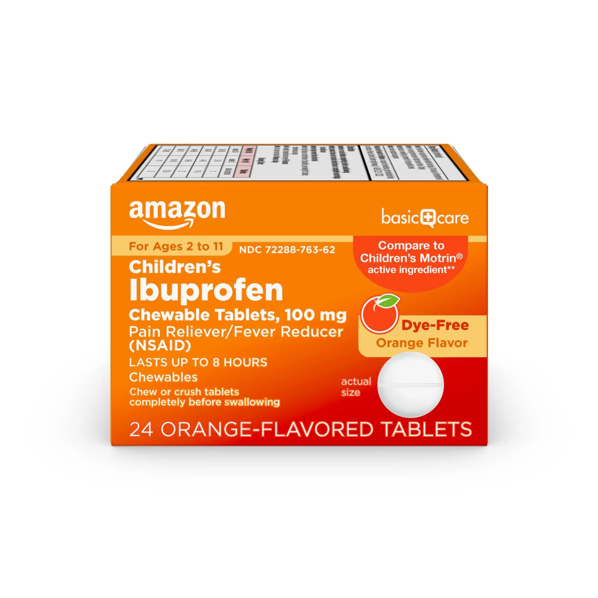 Amazon Basic Care Children's Ibuprofen Chewable Tablets 100 mg, Orange Flavor, Dye Free, Pain Reliever and Fever Reducer (NSAID), For Ages 2-11, 24 Count Amazon Basic Care Au supplements