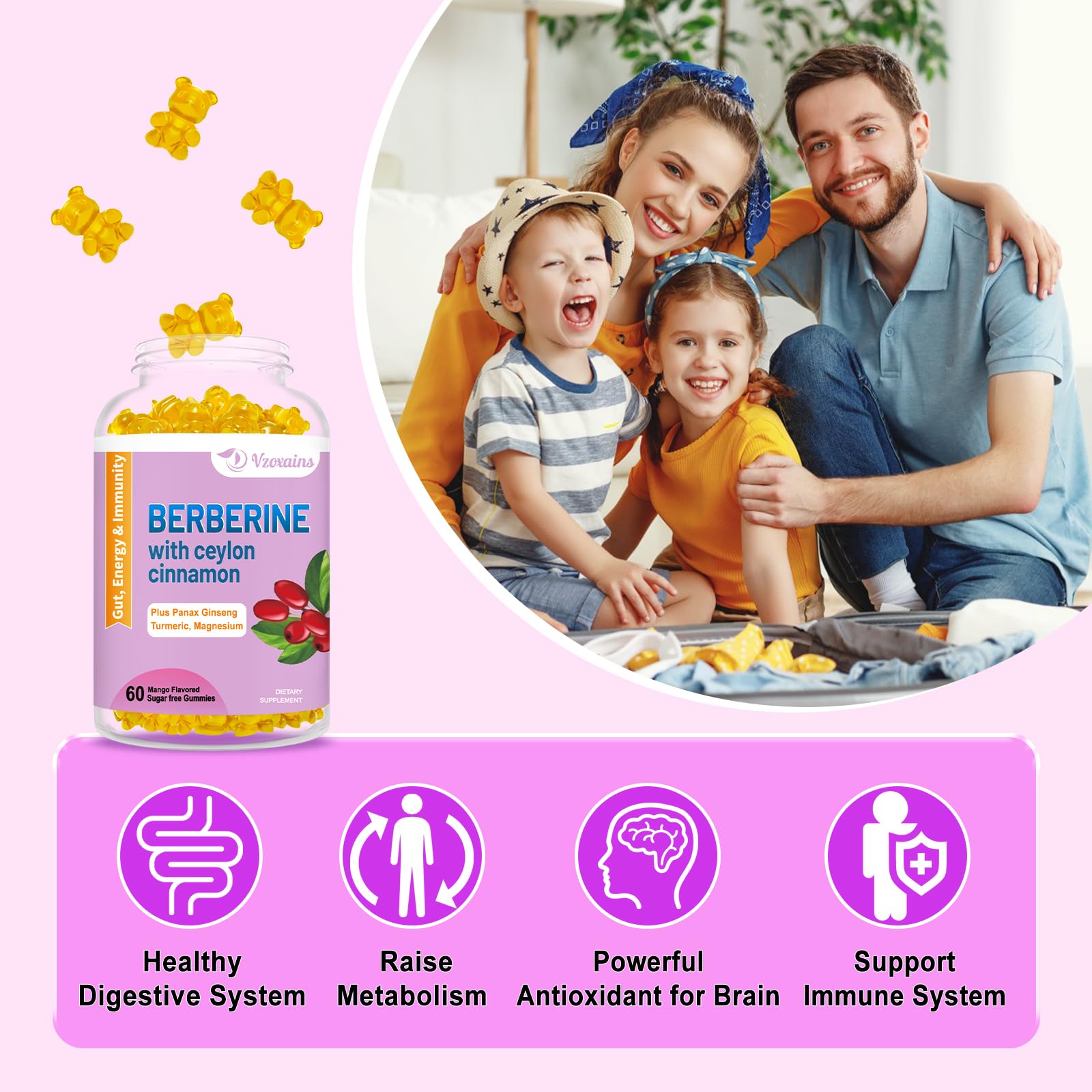 2 Pack Berberine with Ceylon Cinnamon Gummies, 2000mg High Potency Berberine HCI VZOXAINS Au supplements