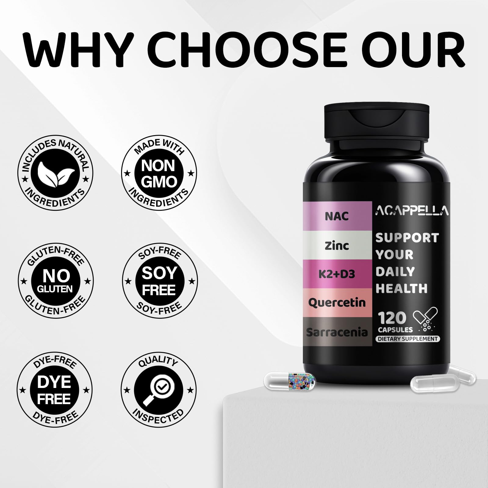 ACAPPELLA N-Acetyl Cysteine Vitamin D3 K2 Zinc Quercetin Sarracenia Purpurea NAC Supplement with Elderberry Holy Basil Bee Propolis Bromelain L-Lysin for Men & Women (1) ACAPPELLA Au supplements