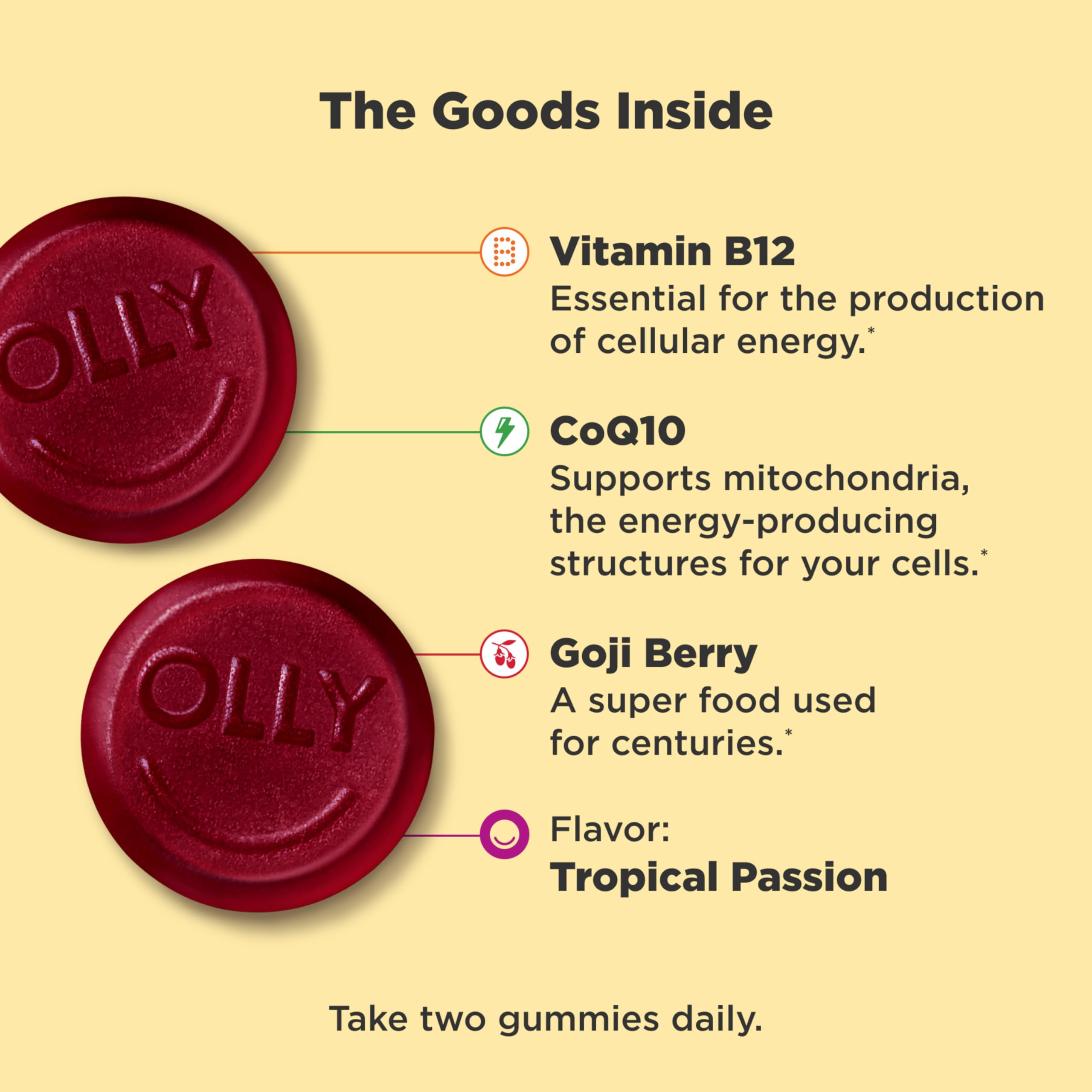 OLLY Daily Energy Gummy, Caffeine Free, Vitamin B12, CoQ10, Goji Berry, Adult Chewable Supplement, Tropical Flavor - 60 Count OLLY Au supplements