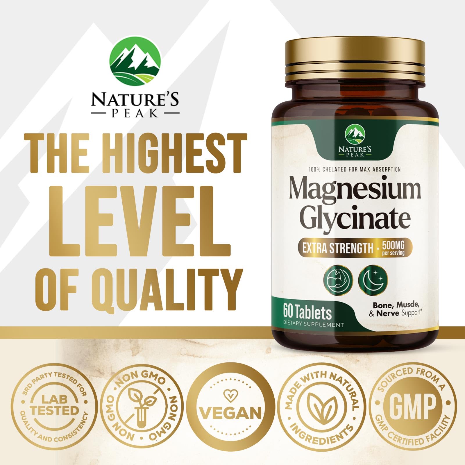 Magnesium Glycinate 500mg Per Serving - High Absorption Chelated Magnesium Supplement for Muscle, Bone and Heart Health Support - Easy Digestion & Gentle on Your Stomach - USA Bottled - 60 Tablets Nature's Peak Au supplements