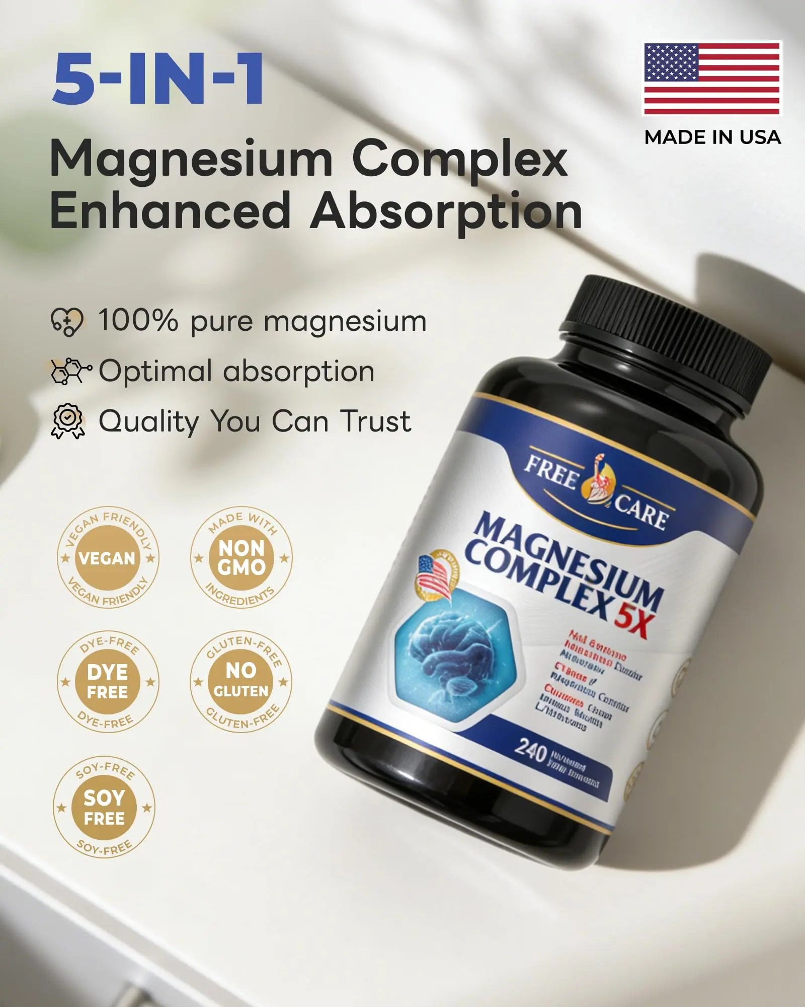 820mg Magnesium Complex 240 Veggie Capsules,for Women & Men with Magnesium Glycinate,Citrate, Malate,Taurate & L-Threonate for Sleep, Mood, Muscle Relaxation & Nerve Function Vegan Friendly, Non-GMO FreeCare Au supplements