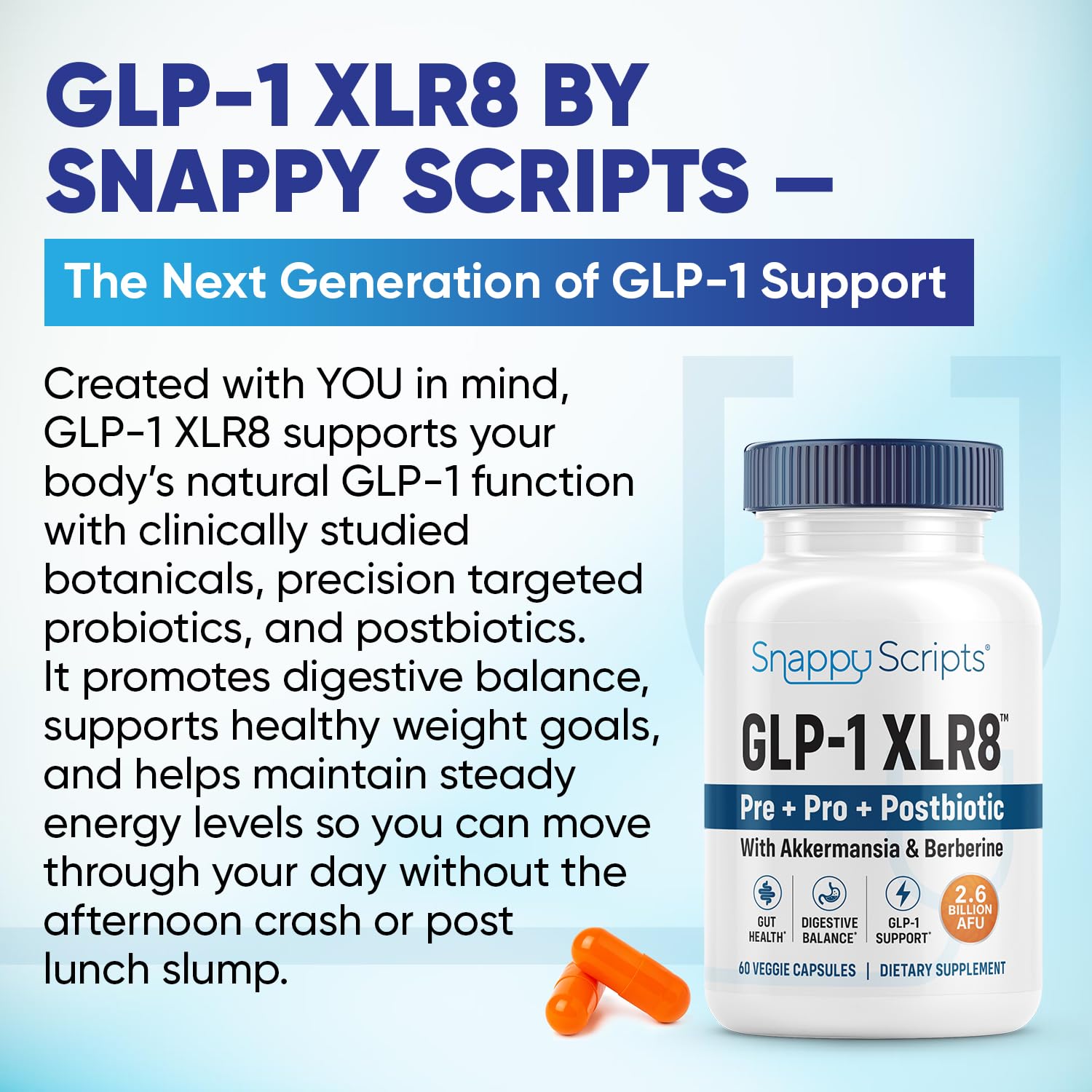 GLP-1 XLR8 Supplement for Weight Loss, Digestion, Constipation, Bloating Relief with Akkermansia 2.6 Billion AFU Live Prebiotic Probiotic Postbiotic Gut Health + Berberine for Women Men 60 Capsules Snappy Scripts Au supplements
