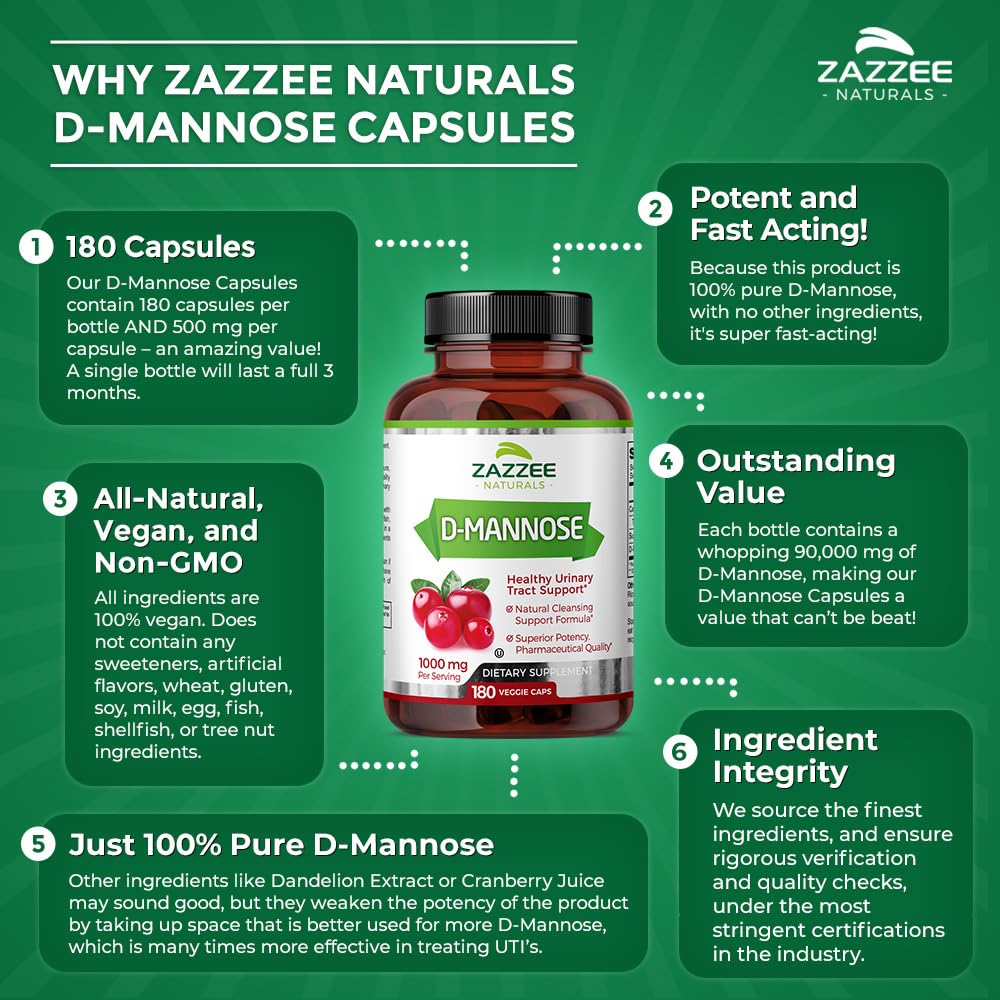 Zazzee D-Mannose, 1000 mg per Serving, 180 Vegan Capsules, 3 Month Supply, Potent Zazzee Au supplements