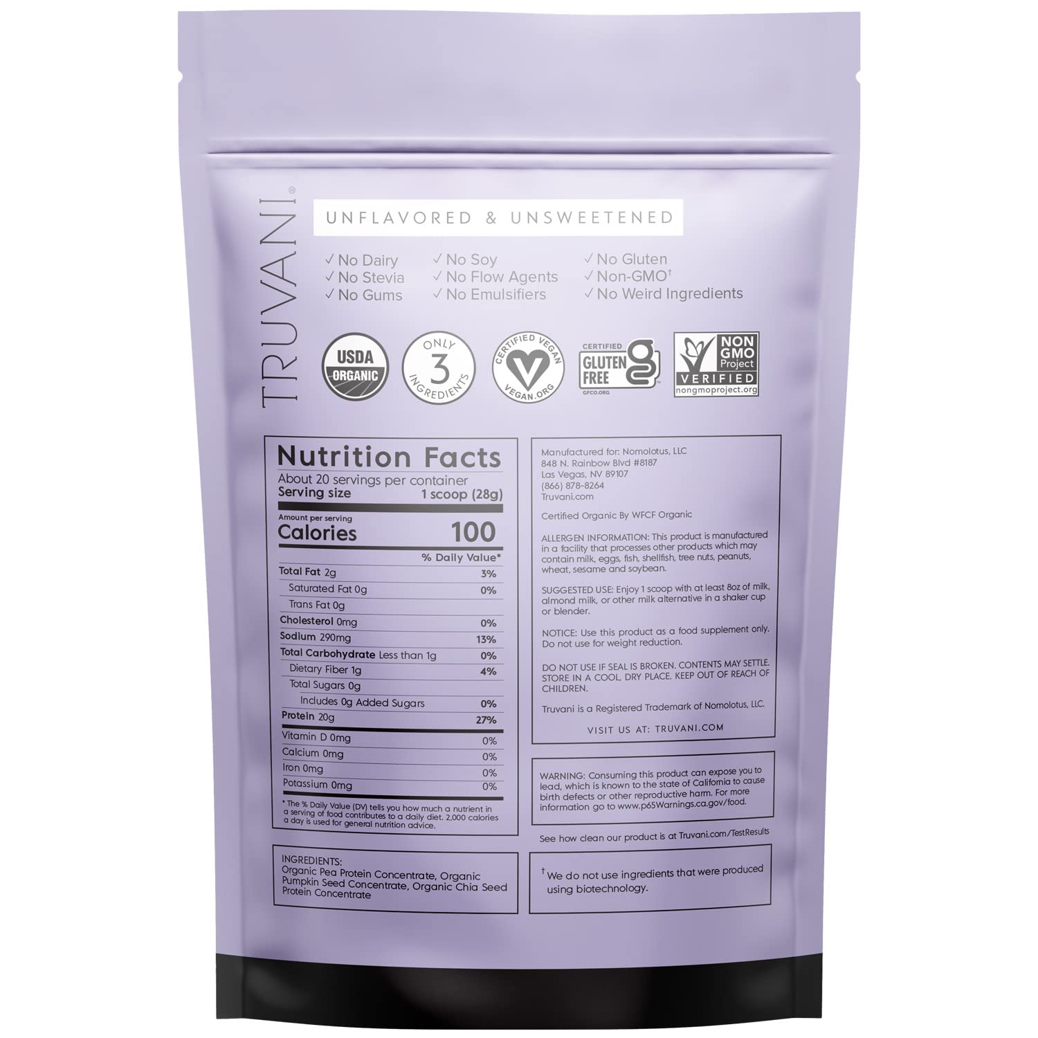 Truvani Organic Vegan Protein Powder Unflavored - 20g of Plant Based Protein, Organic Truvani Au supplements