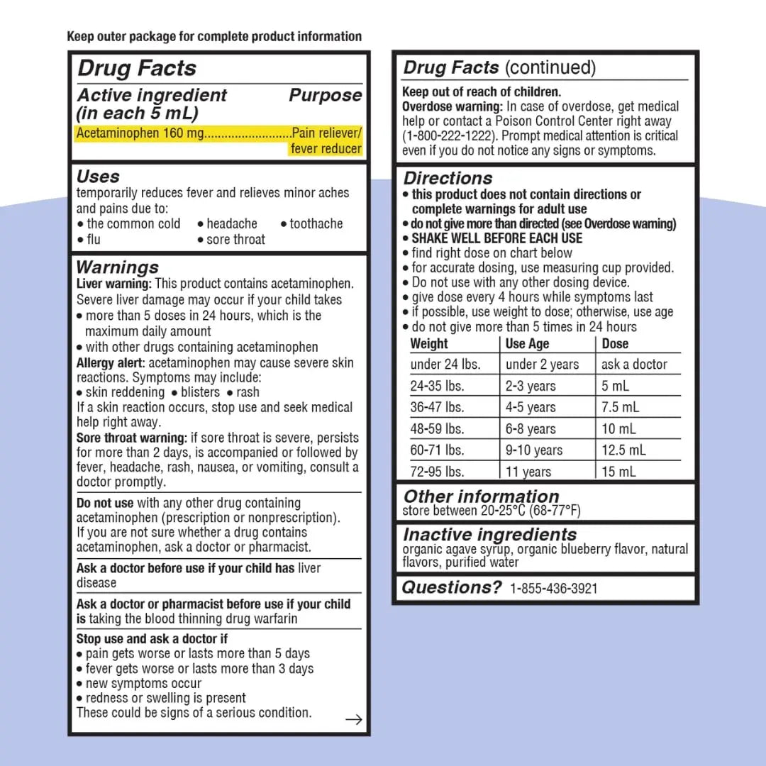 Genexa Children's Clean Acetaminophen | Pediatrician Preferred Ingredients | Pain & Fever Reducer for Kids | Dye Free, 0% Artificial Additives | Ages 2-11, Delicious Organic Blueberry Liquid, 4 fl oz Genexa Au supplements