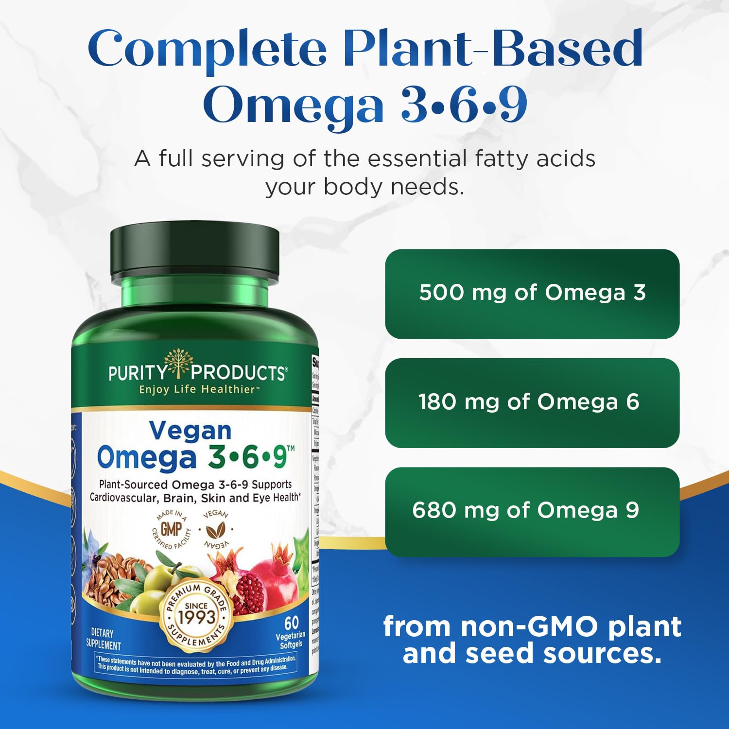 Purity Products Omega 3-6-9 Vegan and Vegetarian Formula - “5 in 1” Essential Fatty Acid Complex - Scientifically Formulated Plant-Based Omega 3 6 9 Essential Fatty Acids (EFA) - from (60) Purity Products Au supplements