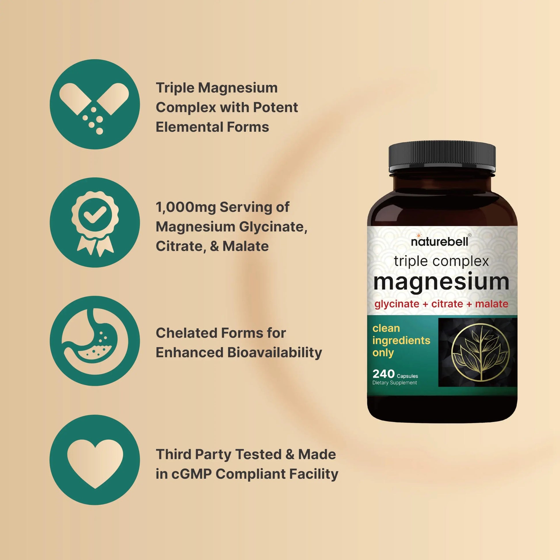 NatureBell Magnesium Complex for Women & Men 1,000mg Per Serving – 240 Capsules – Triple Magnesium Complex with Glycinate, Citrate & Malate – Chelated & Purified – Non‑GMO, Filler Free NatureBell Au supplements