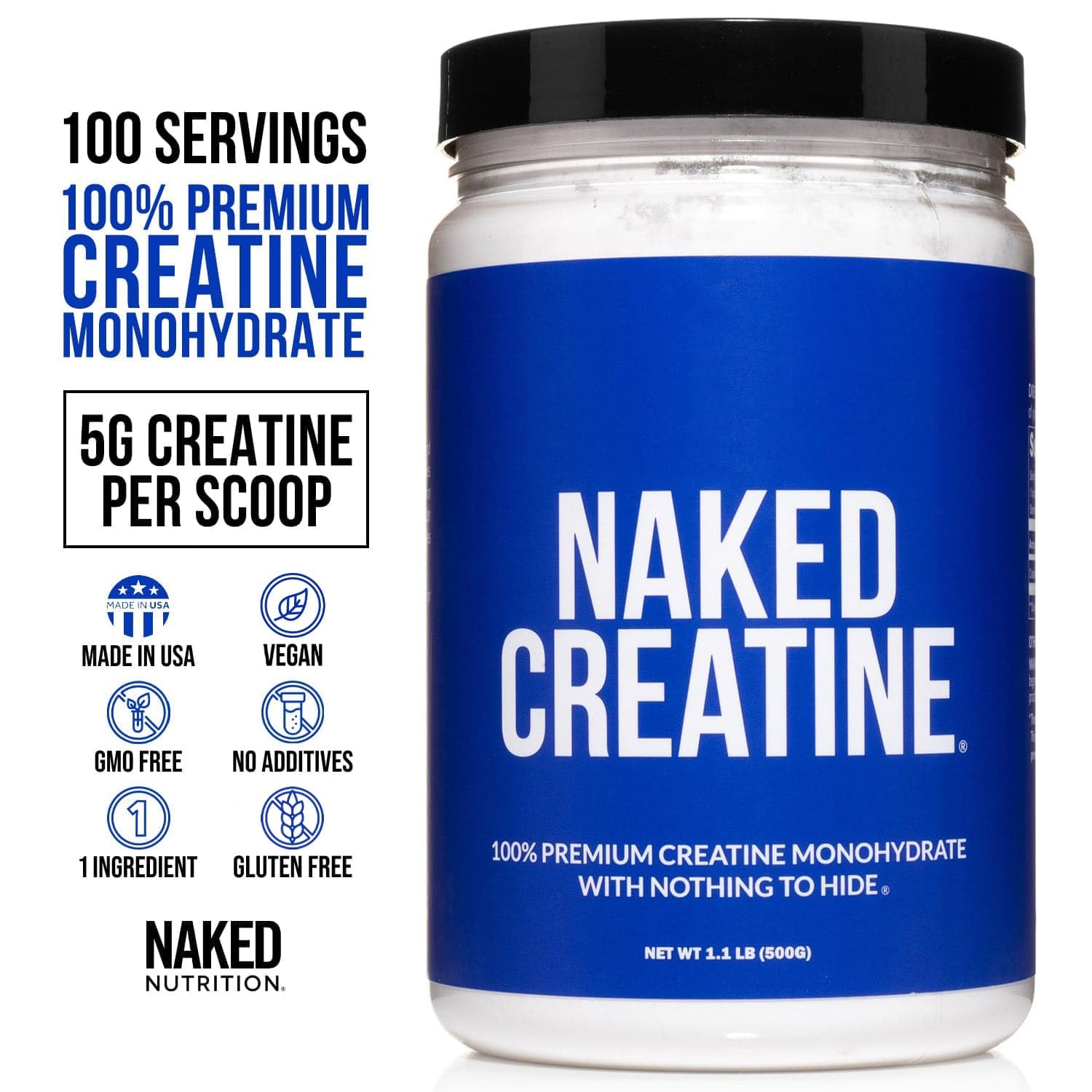NAKED Pure Micronized Creatine Monohydrate Powder - NSF Certified, Unflavored, 500g, 1.1lb Bulk - Vegan, Non-GMO, Gluten-Free, Soy-Free, No Fillers, Supports Muscle Growth & Strength - 100 Servings NAKED Au supplements