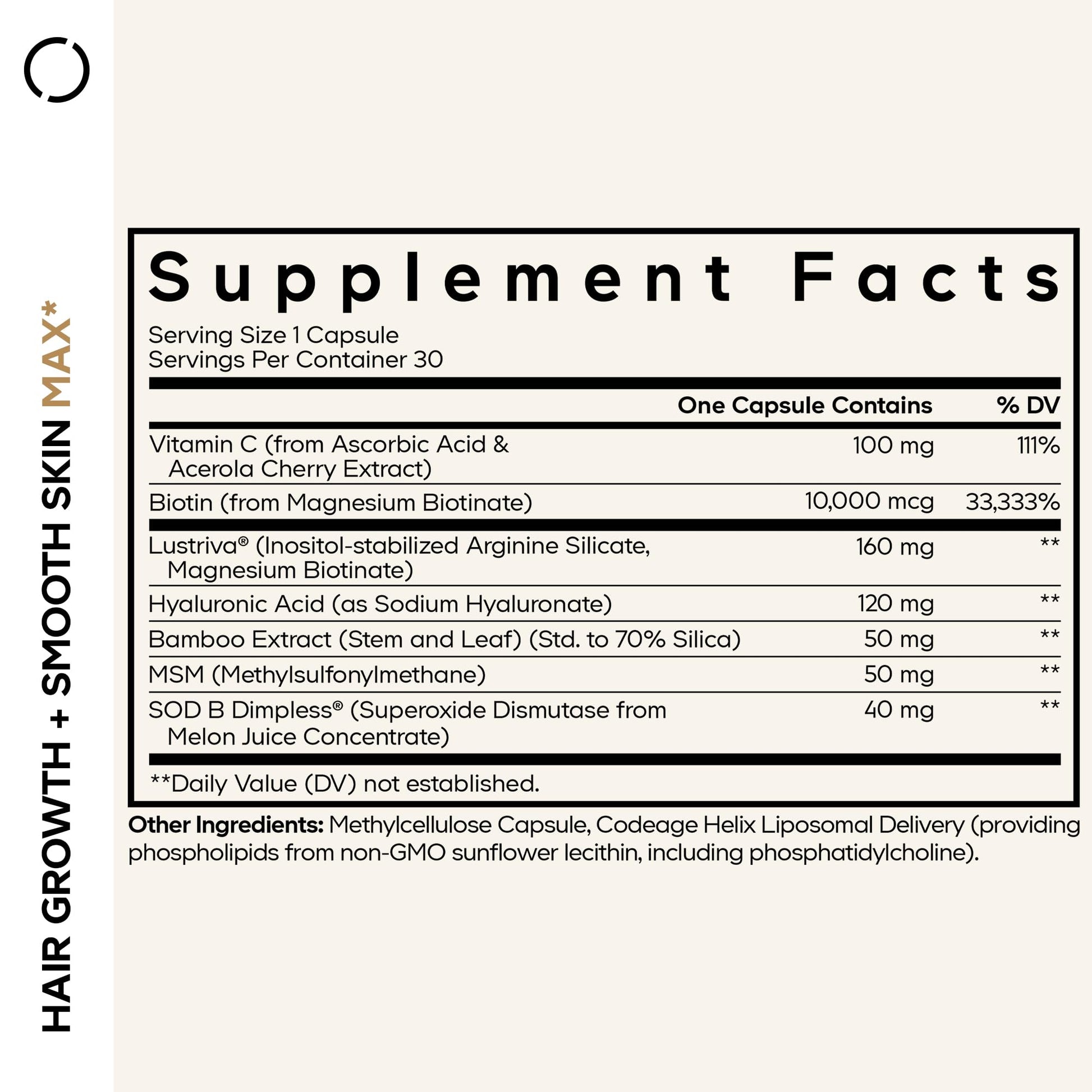 Codeage Hair Growth + Smooth Skin Max Vitamins Supplement - Patented Lustriva & SOD B Dimpless Superoxide Dismutase - Hair Growth Health Skin Cellulite Support - Biotin, Vitamin C, MSM - 30 Capsules Codeage Au supplements