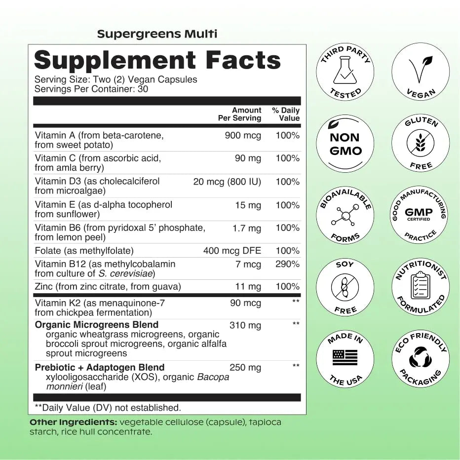 wholier Supergreens Multi, Daily Greens, Vegan Multivitamin for Women + Men, Whole Food Vitamins + Minerals, Prebiotics for Gut Health, Adaptogens (60 Vegan Capsules) Glass Bottle wholier Au supplements