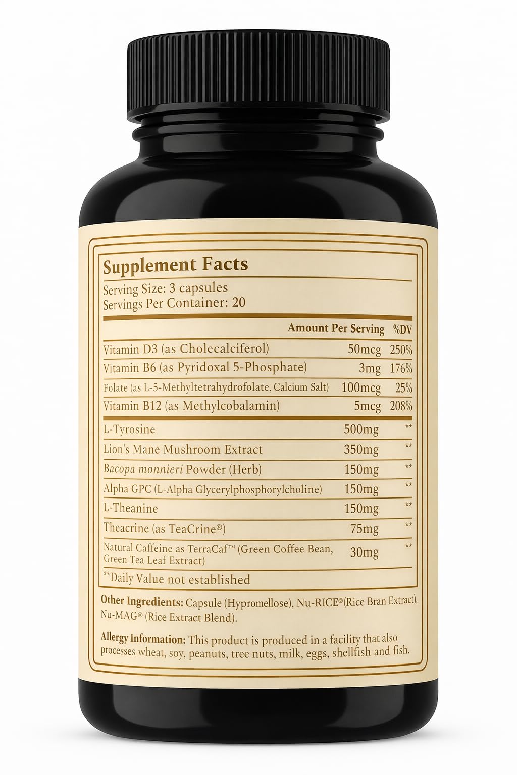 AURUM BOTANICA Best Brain Supplement for Memory and Focus - L-Theanine, Lion's Main, Vitamin B6, B12, D3, Folate, L-Tyrosine, Bacopa Monnieri, Alpha GPC, Theacrine, 30mg of Natural Caffeine (60 Count) AURUM BOTANICA Au supplements