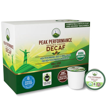 USDA Organic Decaf Coffee Pods - Compatible with K-Cup and Keurig Machines - High Altitude Decaf Coffee - Fair Trade Beans Medium Roast Single Serve Decaffeinated 24 Count Recyclable Cups Peak Performance Au supplements