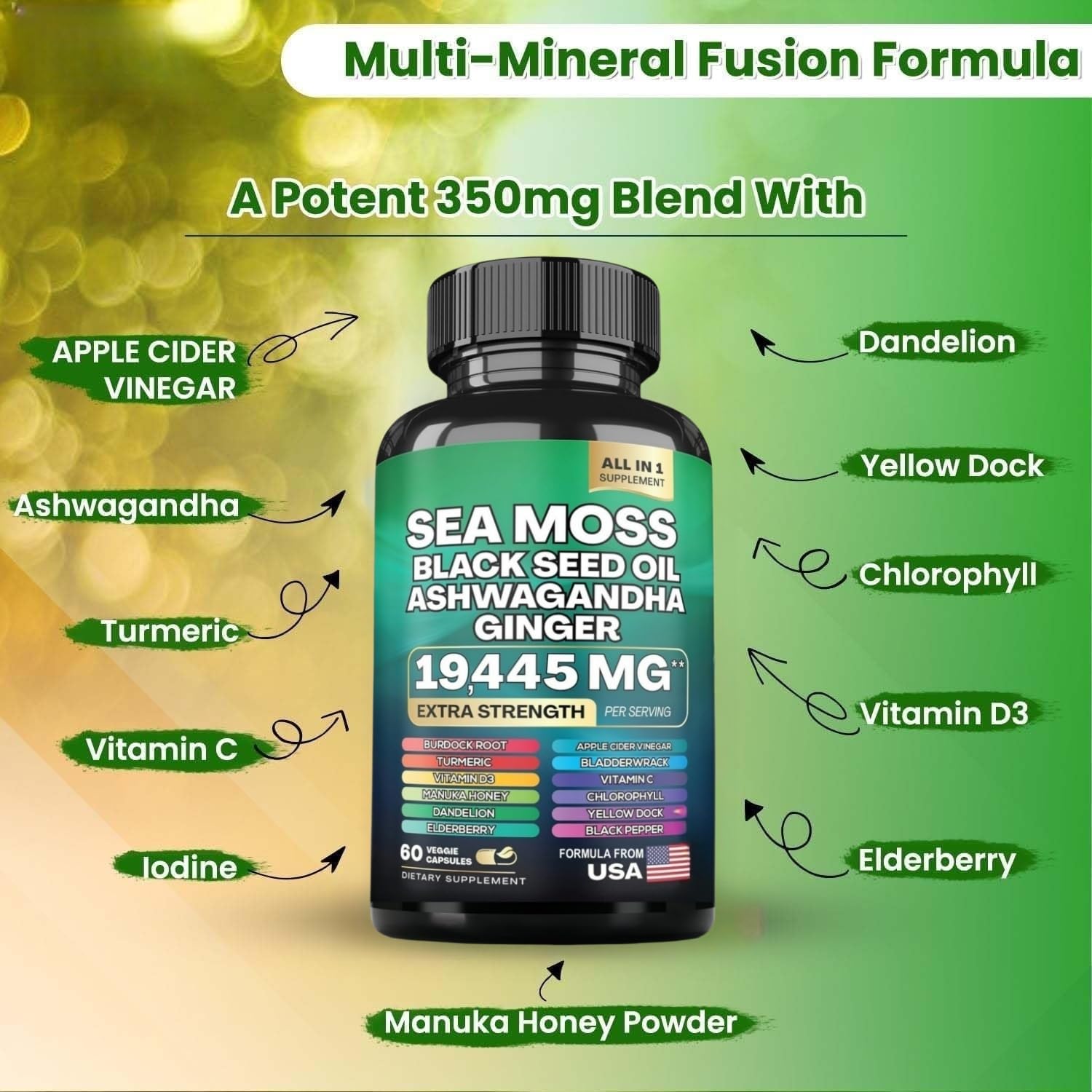 HealthyFinds Sea Moss Black Seed Oil Ashwagandha Ginger Capsules with Turmeric Bladderwrack Burdock & Vitamin C Vitamin D3 with Elderberry Manuka Dandelion Yellow Dock Iodine Chlorophyll ACV HealthyFinds Au supplements