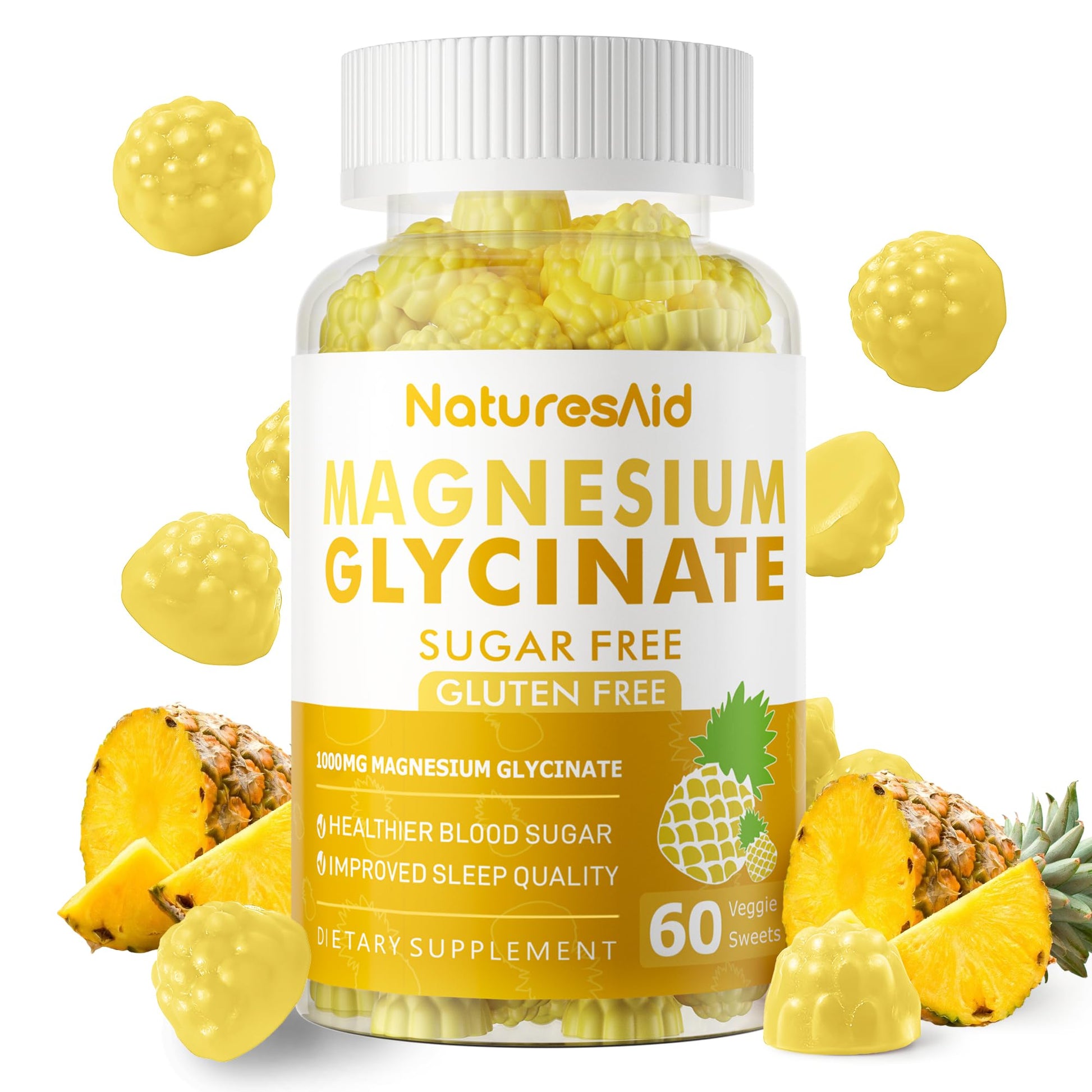 Magnesium Glycinate Gummies 1000mg - Sugar Free Magnesium Potassium Supplement with Vitamin D, B6, CoQ10 for Calm Mood & Sleep Support - 60 Pineapple Gummies -1 Pack Natures Aid Au supplements