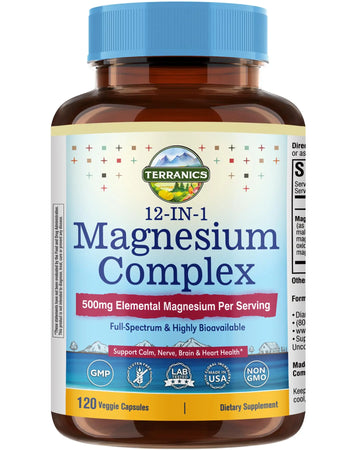Terranics 12-in-1 Magnesium Complex 500mg, High Absorption Chelated Magnesium Glycinate, Citrate, Malate, Taurate, Orotate & More, for Sleep, Calm, Energy, Heart, Vegan, Non-GMO,120 Capsules Terranics Au supplements