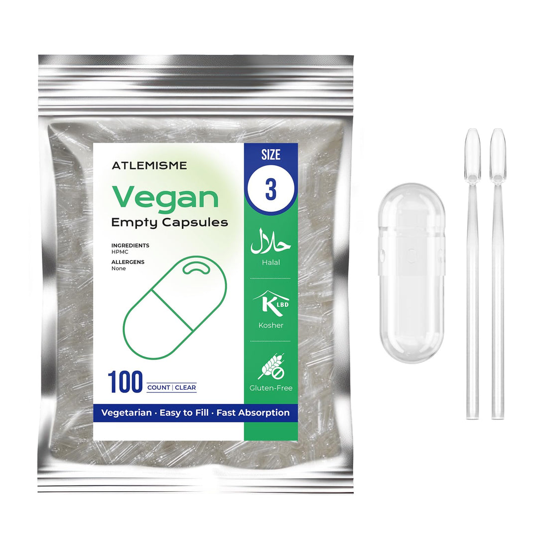 ATLEMISME Empty Vegan Capsules Size 3 - Vegan Capsules DIY Vegetable Capsule Filling - Veggie Caps with 2 Micro Lab Spoons for Capsule Filling ATLEMISME Au supplements