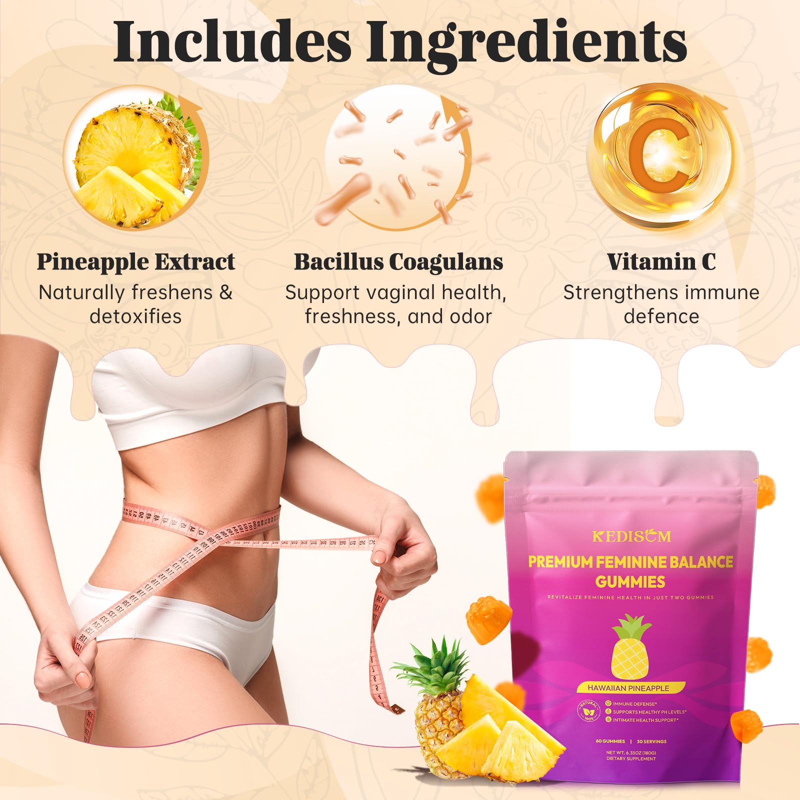 KEDISOM Premium Feminine Balance Gummies - for Women’s Health & Wellness - Immune Support - Vegan, Gluten-Free - Hawaiian Pineapple - 60 Gummies - 30 Servings KEDISOM Au supplements