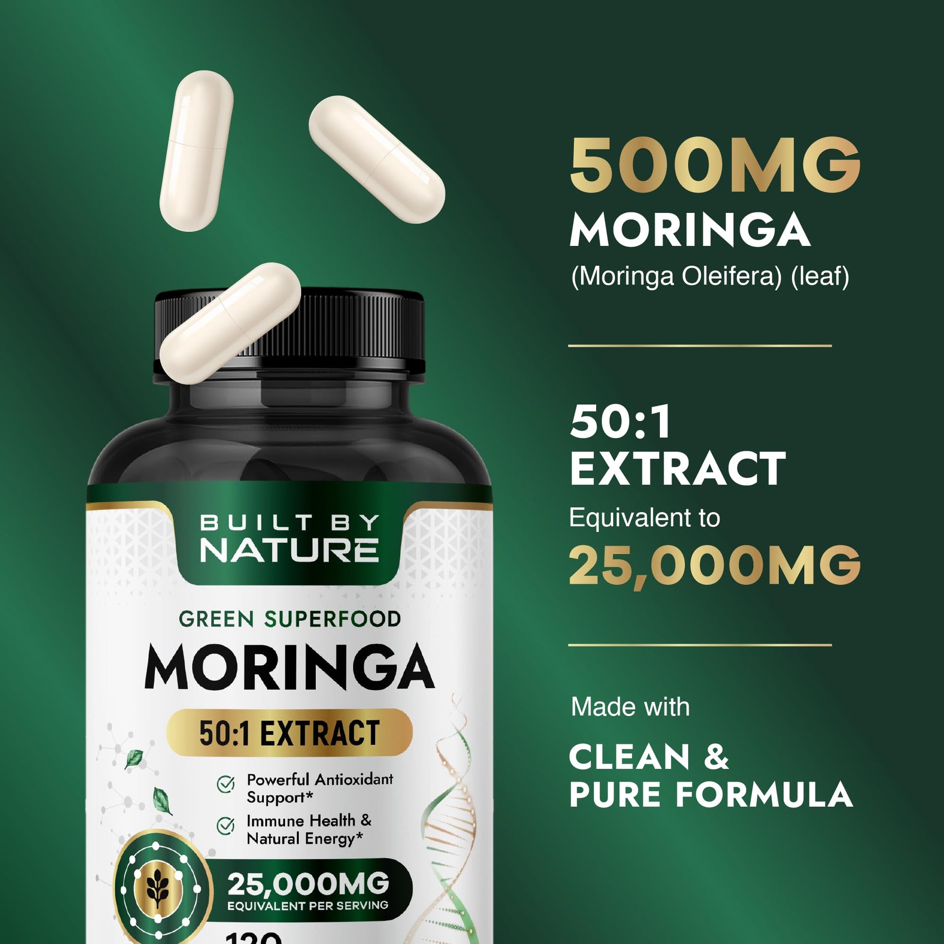 Built by Nature Moringa – 500mg Pure Moringa Leaf Extract 50:1 per Serving – High Potency Moringa Supplement – 120 Capsules Built by Nature Au supplements
