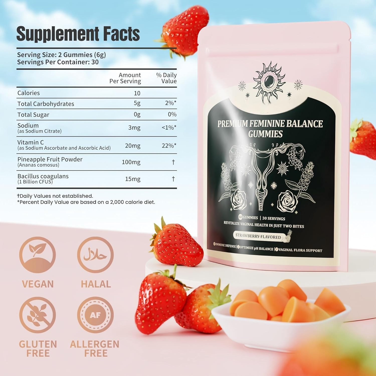 NIUSISE Feminine Balance Gummies, Premium Balance Supplement for Women PH Health, Immune Support, Energy Support, Vegan, Gluten-Free, Strawberry Flavor, Delicious 60 Gummies, 1 Pack 30 Servings NIUSISE Au supplements