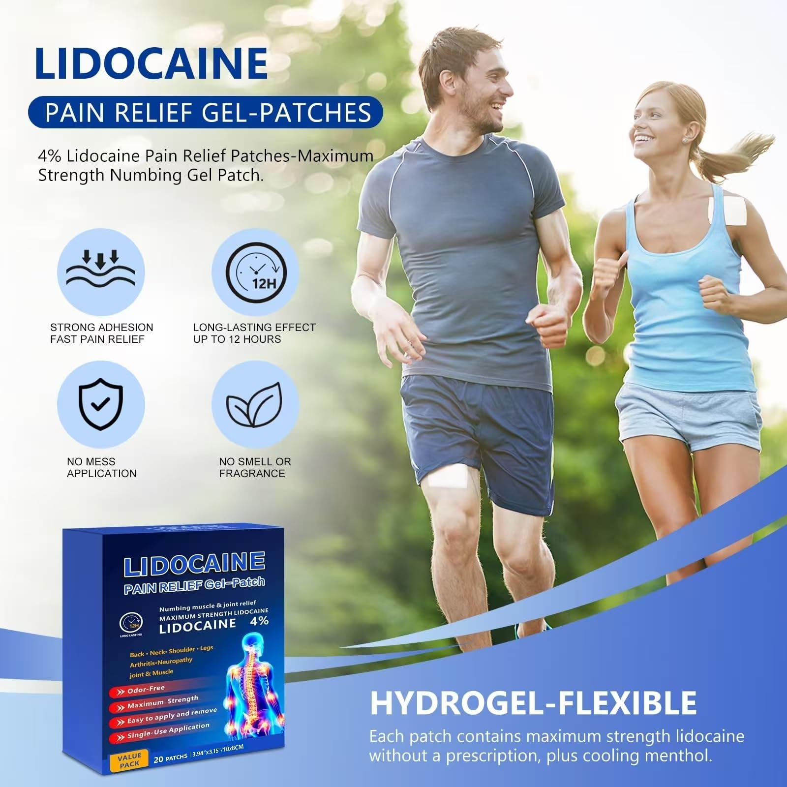 KIbabyDI Professional Lidocaine Pain Relief Patches - 20 Count | 4% Medicated Gel Patches for Targeted Joint & Muscle Comfort | Long-Lasting 12-Hour Relief, Ultra-Flexible Design -lb265 KIbabyDI Au supplements