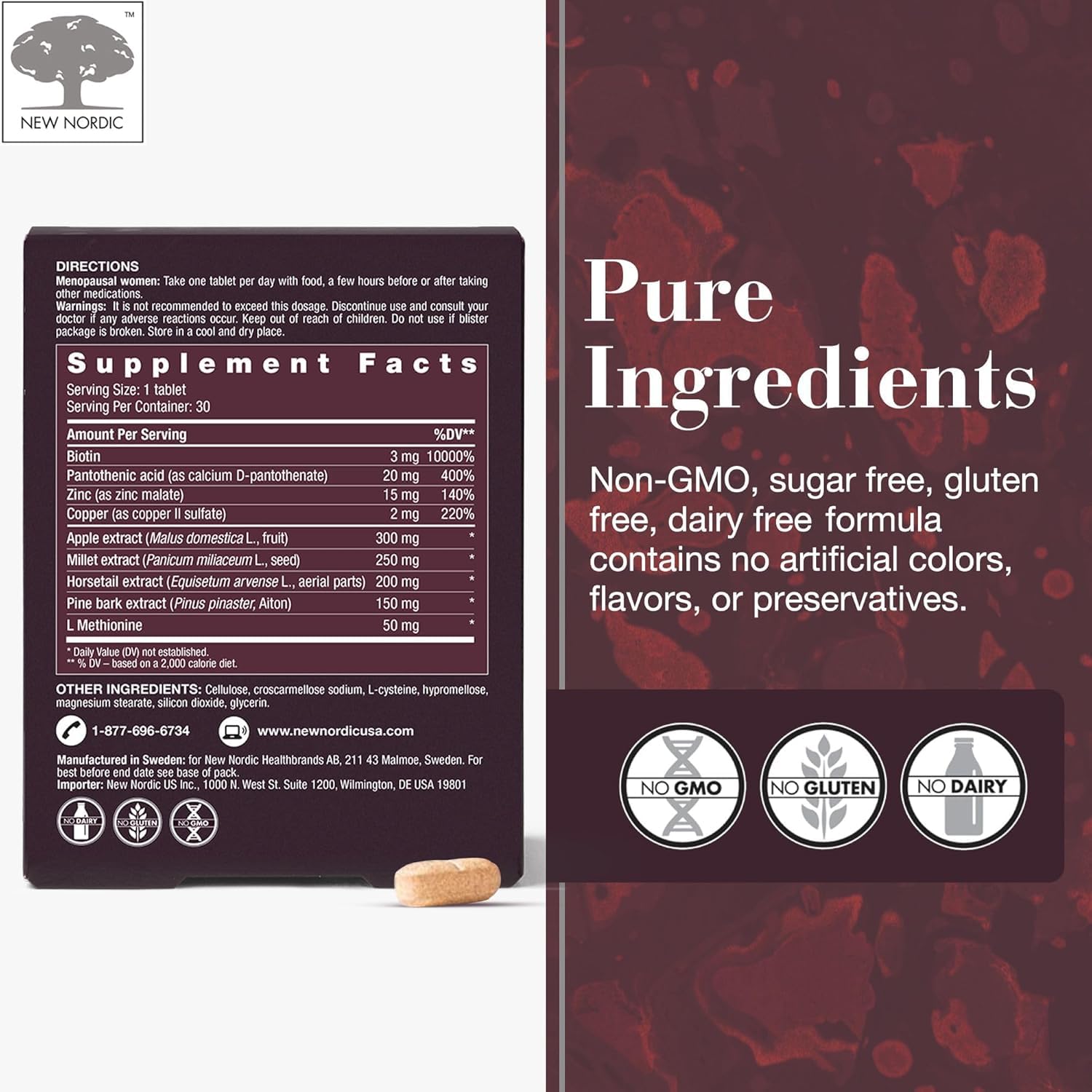 New Nordic Hair Volume Menopause, Supports Healthy Hair Growth During and After Menopause, Pine Bark and Annurca Apple Extract, 30 Tablets NEW NORDIC Au supplements