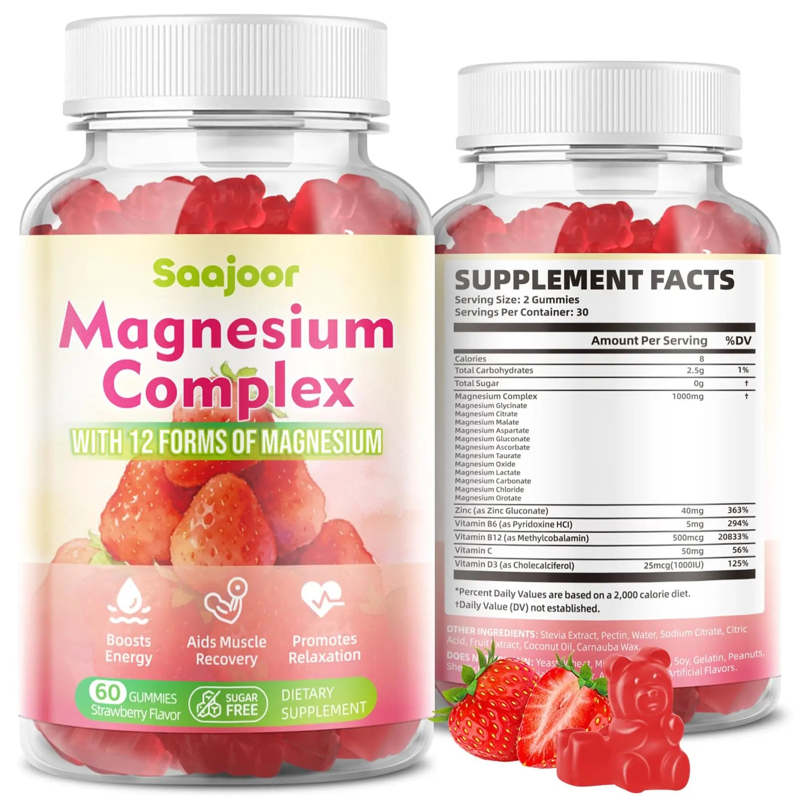 Magnesium Complex Gummies – with 12 Forms of Magnesium (Citrate, Glycinate, Malate, Oxide, and More) Plus Vitamins B6, B12, and C. for Women and Men – Strawberry Flavor, 60 Count Saajoor Au supplements