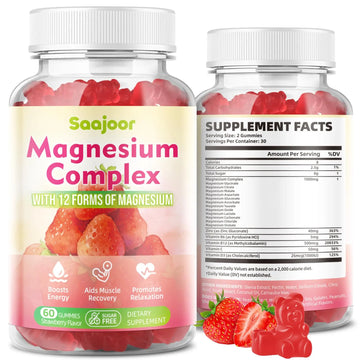 Magnesium Complex Gummies – with 12 Forms of Magnesium (Citrate, Glycinate, Malate, Oxide, and More) Plus Vitamins B6, B12, and C. for Women and Men – Strawberry Flavor, 60 Count Saajoor Au supplements
