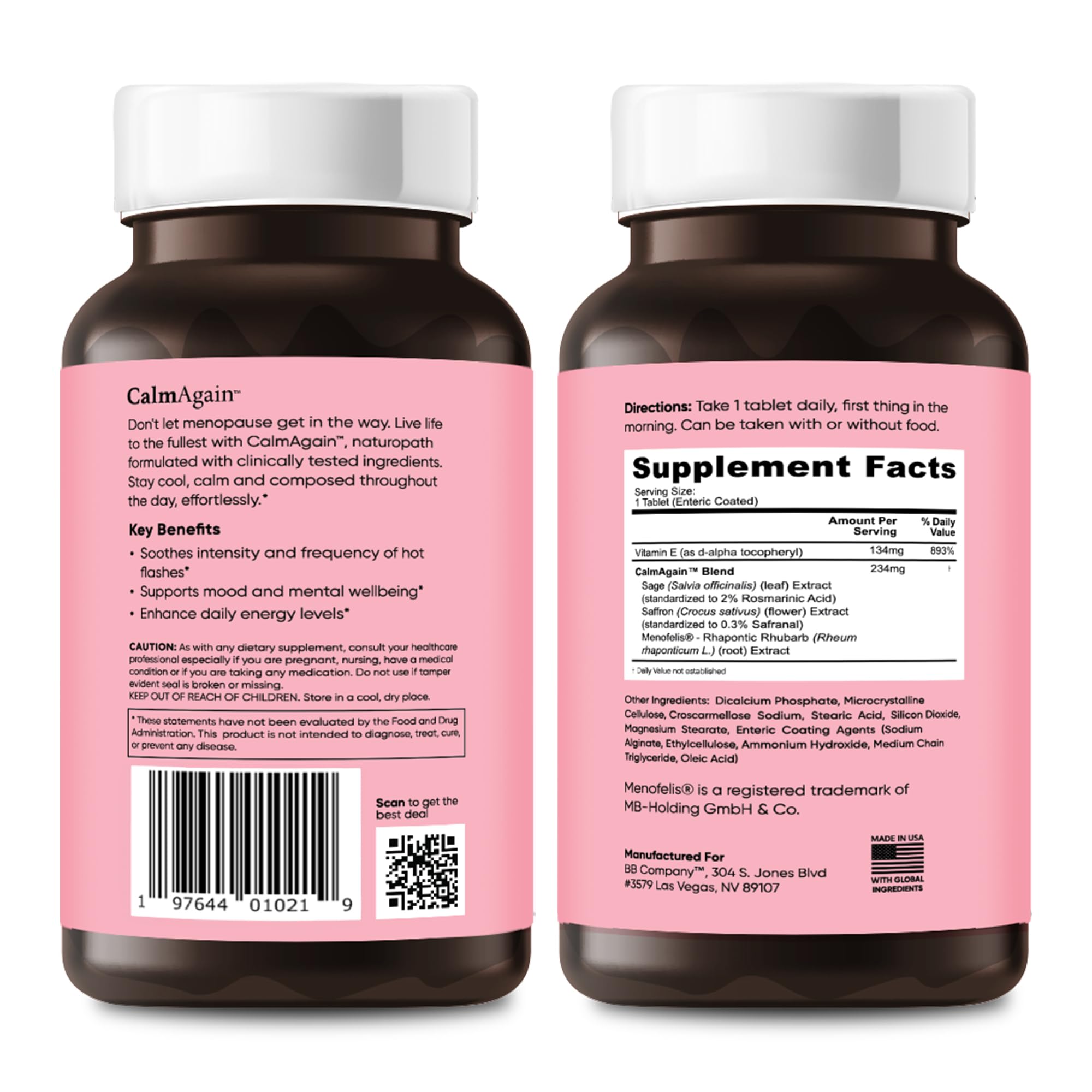BB Company CalmAgain for Menopause Anxiousness, Mood Balance for Women | Stay Calm, Lower Cortisol, Fewer Mood Swings | Siberian Rhubarb, Sage, Saffron | Menopause Relief | 30 Ct BB Company Au supplements