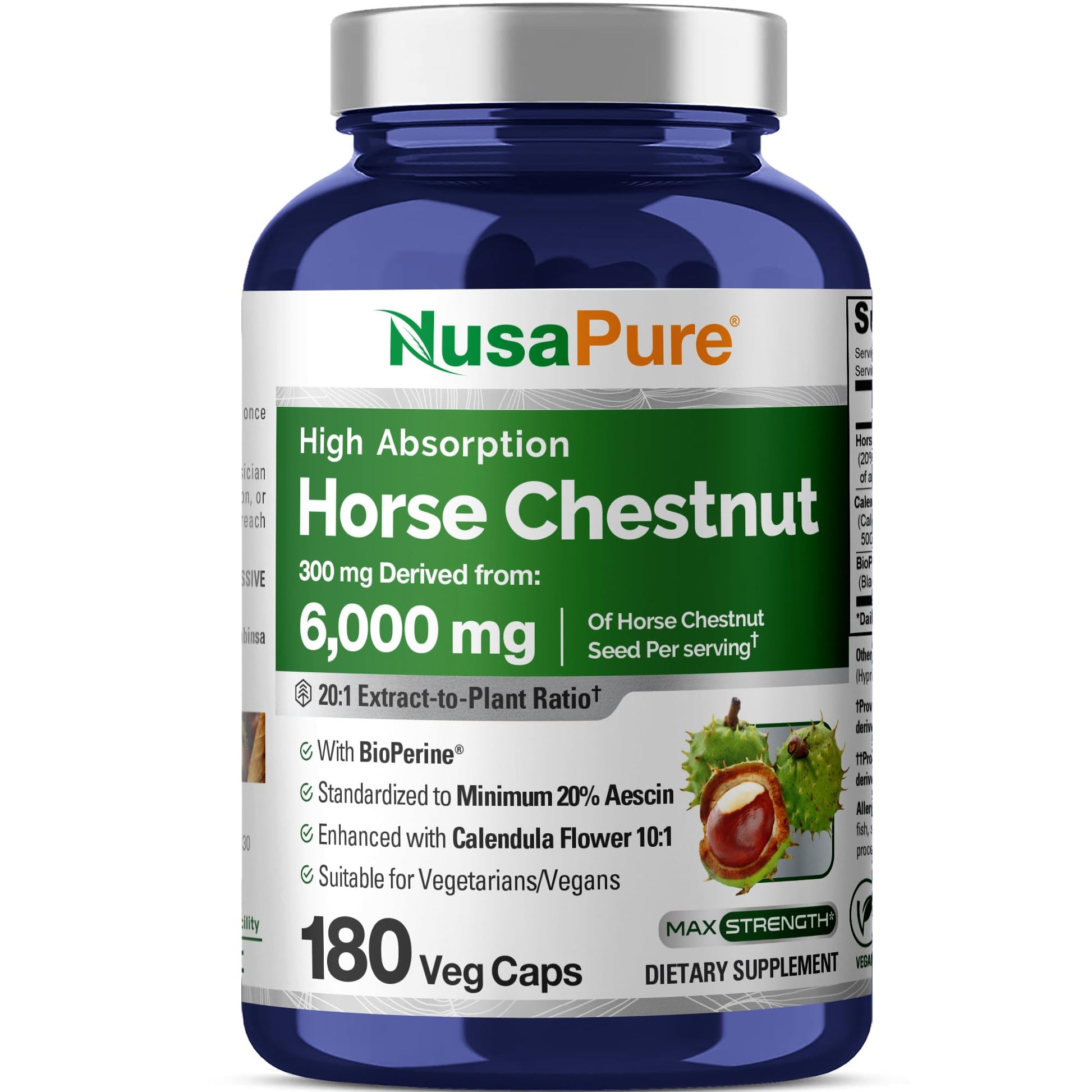 NusaPure Horse Chestnut 20:1 Extract, 300 mg Equivalent to 6,000mg 180 Veggie Caps Non-GMO, Vegan, BioPerine, Calendula Flower NusaPure Au supplements