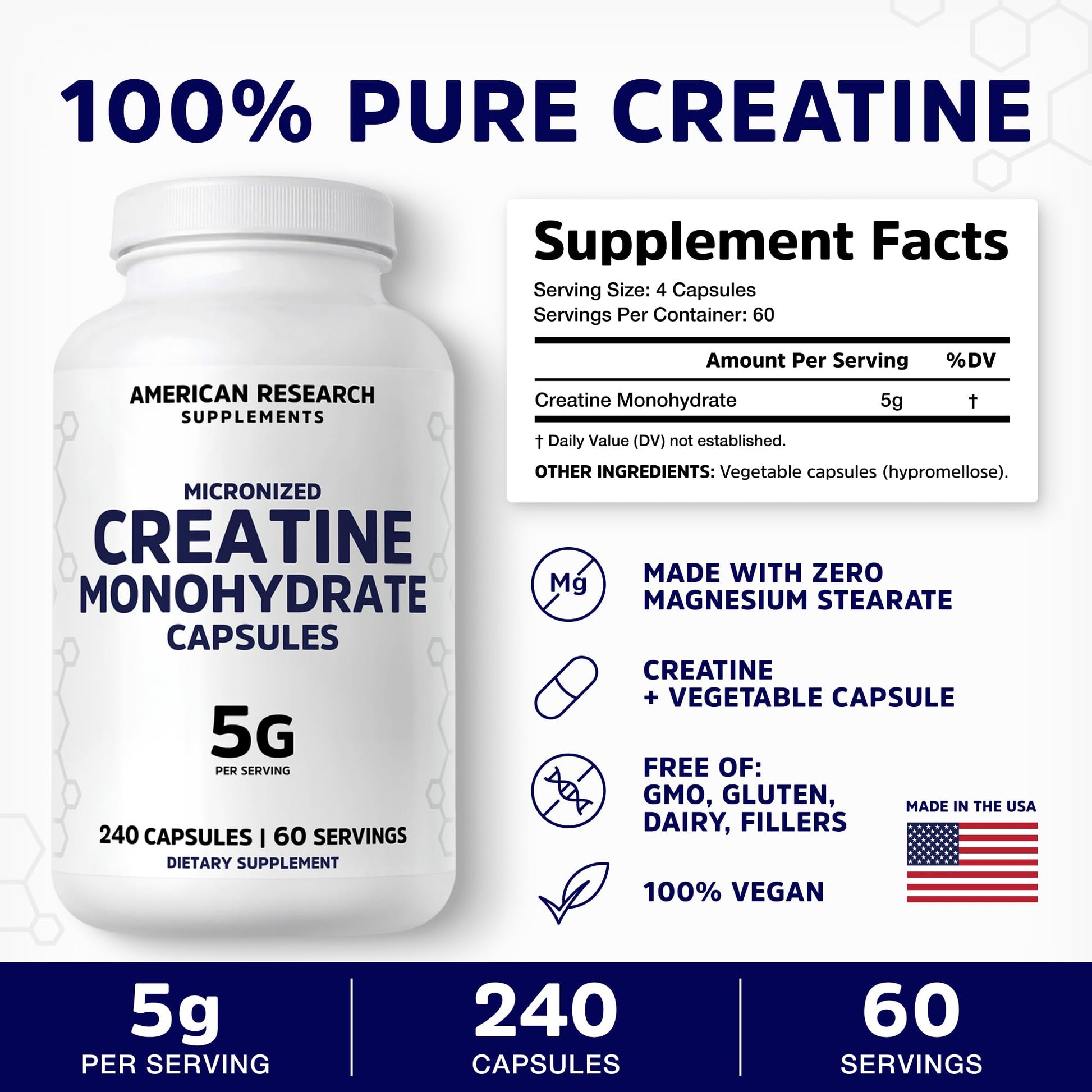 Creatine Monohydrate Capsules 5G | 60 Servings | Vegan | 4 Caps per Serving | Micronized Creatine Pills 5000mg | 240 Capsules | Creatine Pills For Men & Women | 2 Months Supply | Made Without Fillers American Research Supplements Au supplements