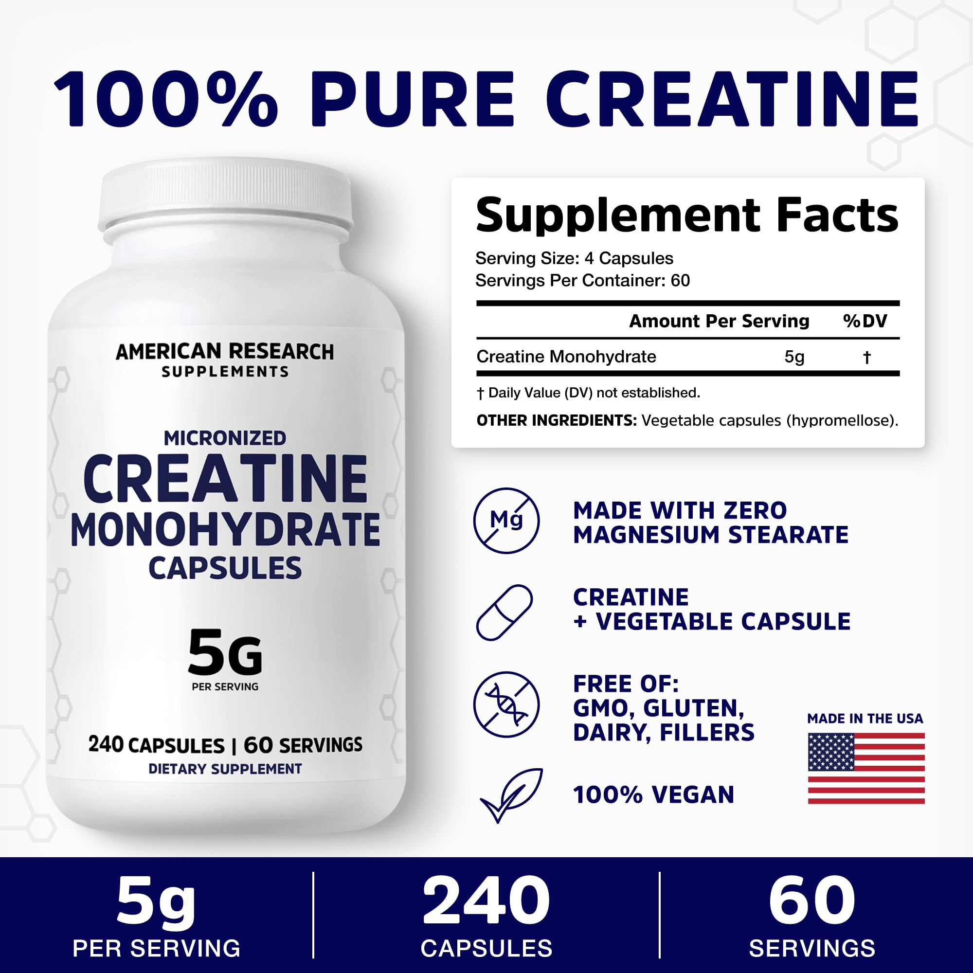 Creatine Monohydrate Capsules 5G | 60 Servings | Vegan | 4 Caps per Serving | Micronized Creatine Pills 5000mg | 240 Capsules | Creatine Pills For Men & Women | 2 Months Supply | Made Without Fillers American Research Supplements Au supplements