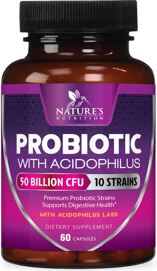 Probiotics 50 Billion CFU per Serving - 10 Strains + Prebiotics - Digestive Health, Gut & Immune Support - Supports Occasional Constipation, Gas & Bloating for Women & Men Shelf Stable - 60 Capsules Nature's NutritionAU supplements