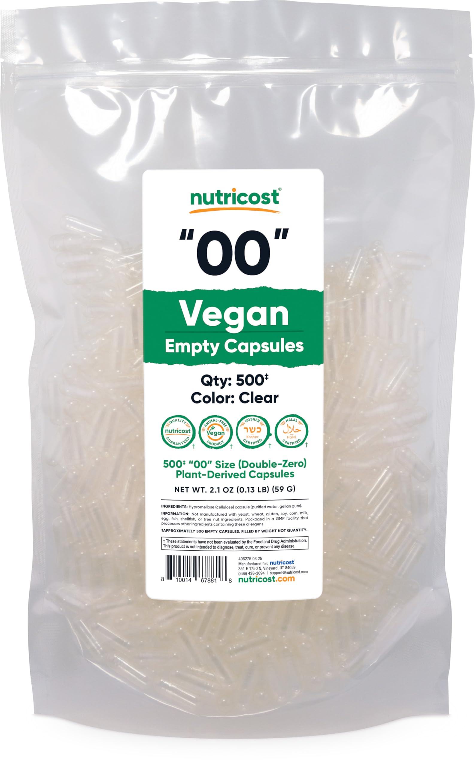 Nutricost Empty Capsules Size 00 Vegan - 500 Clear Empty Plant-Based Capsules - Kosher Certified, Halal Certified, Non-GMO, Soy Free, Gluten Free, Vegetarian Nutricost Au supplements