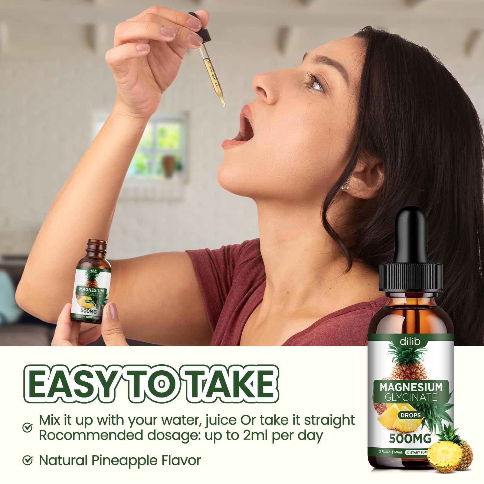 Magnesium Glycinate Supplement, Liquid Magnesium Glycinate Liquid Drops 500mg-Support Stress Relief, Relaxation, Mood, Sleep, Bone & Muscle-2 Fl Oz, Vegan, Pineapple Flavor dilib Au supplements