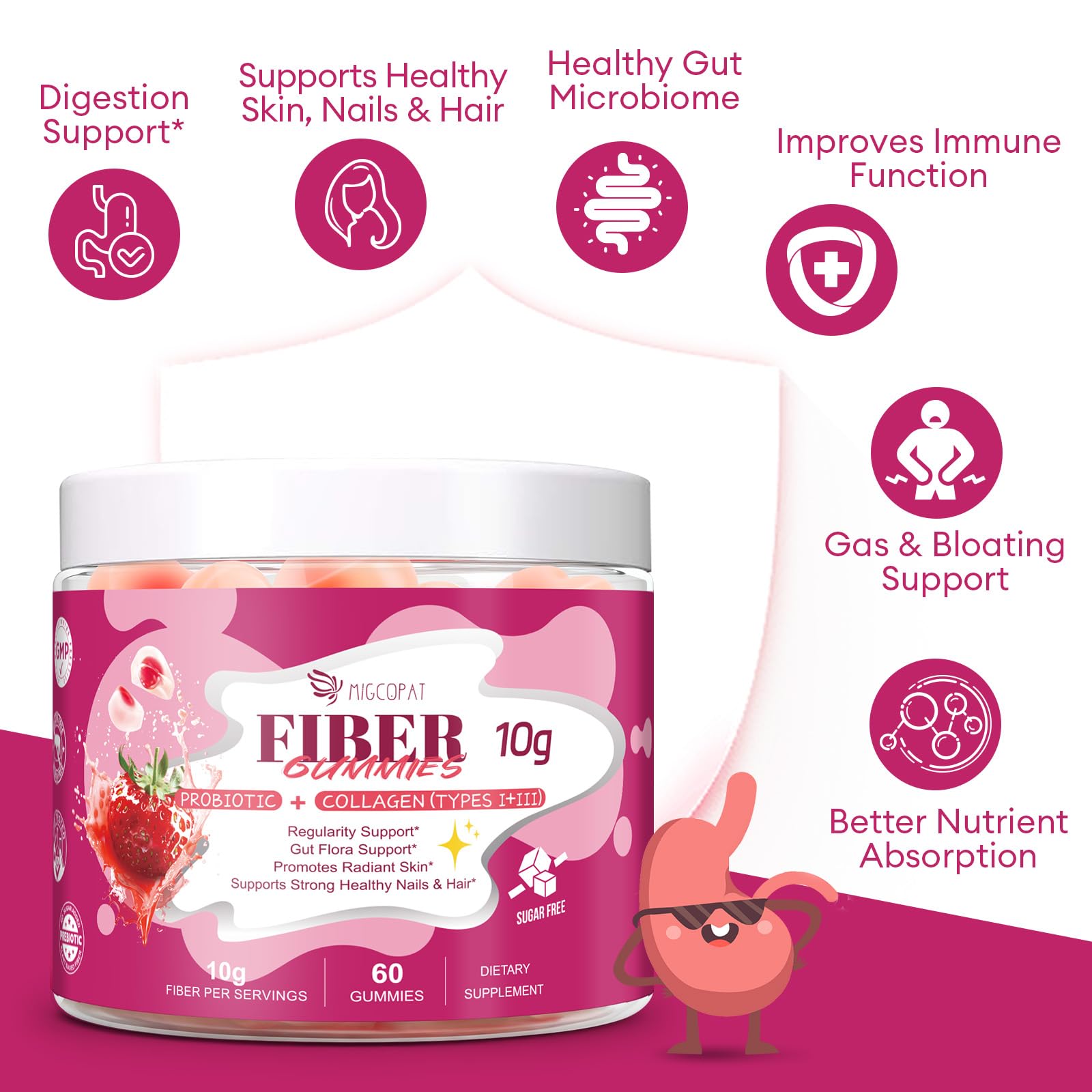 Migcopat 10G Fiber Gummies with Collagen Peptides, Hyaluronic Acid, Vitamin C, ACV, 30 Billion CFU Probiotics – Sugar Free Collagen Gummy for Skin, Hair & Nails – Digestive Health Support – 60 Cts Migcopat Au supplements