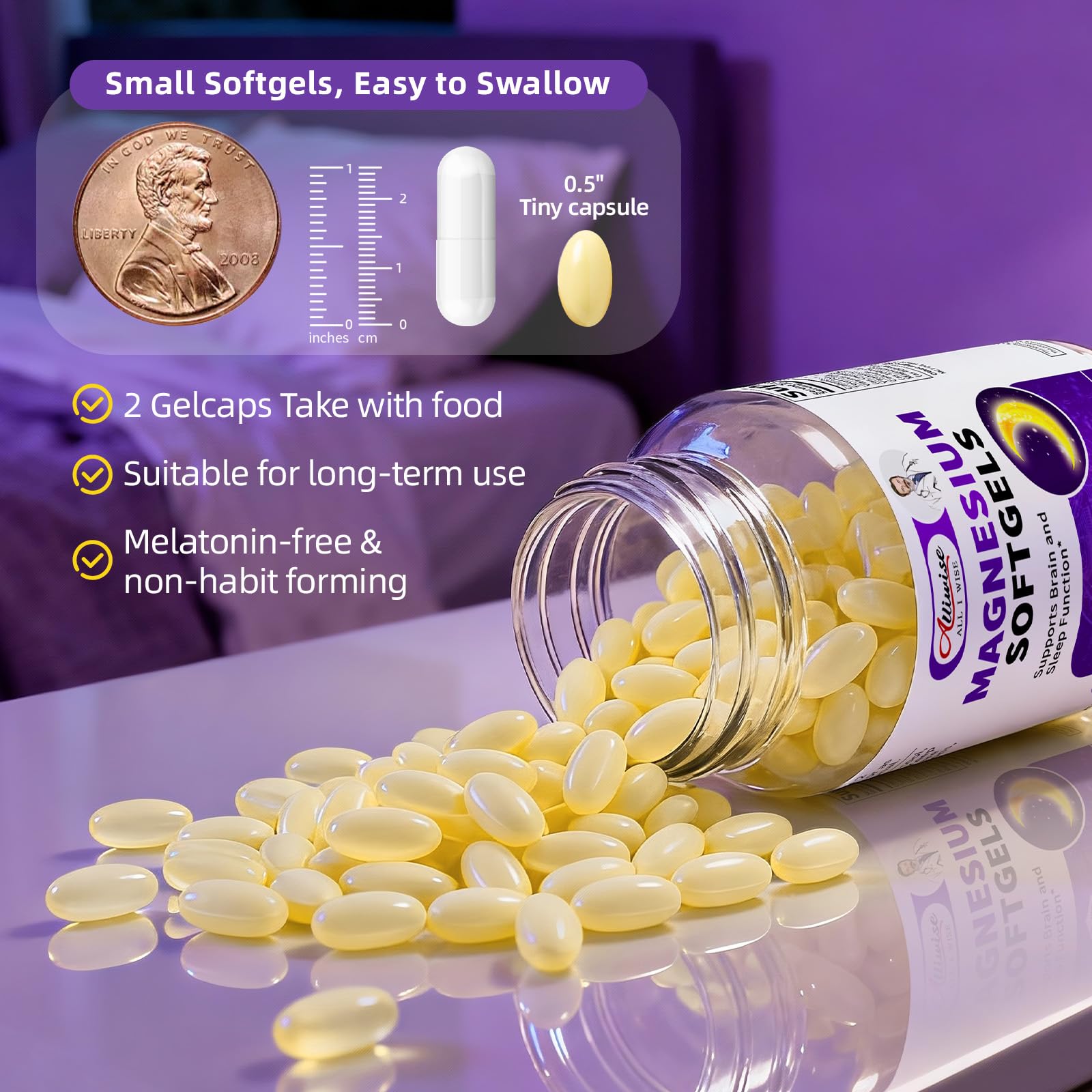 Magnesium Glycinate 400mg Softgels, Small Easy to Swallow High Absorption Magnesium Supplement, with Vitamin D3 & K2 for Sleep Relax Calm Muscle Bone* Health, 120 Gelcaps Alliwise Au supplements