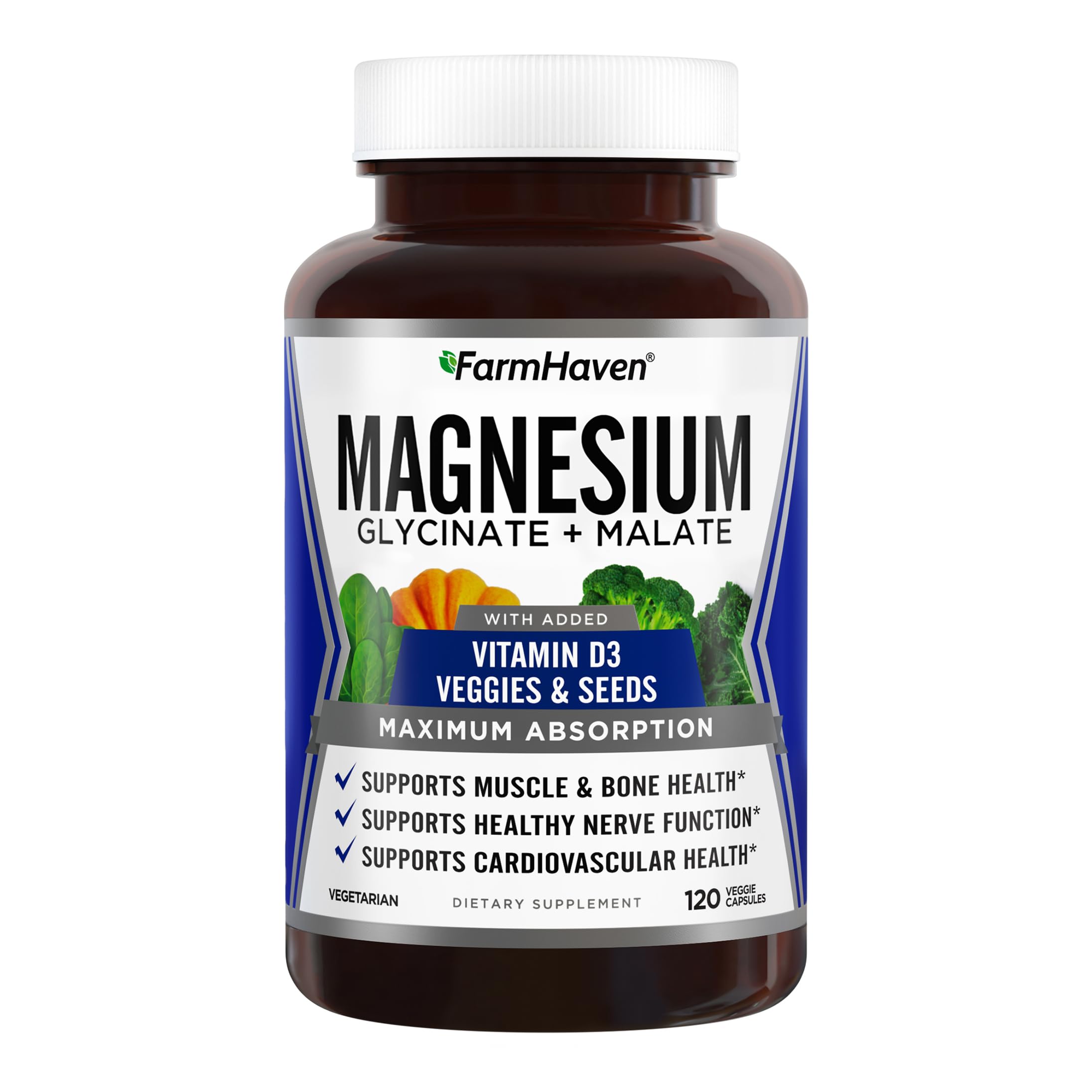 FarmHaven Magnesium Complex –Magnesium Glycinate & Malate w/Vitamin D3, 100% Chelated for Max Absorption, Vegetarian – Bone Health, Nerves, Muscles, 120 Capsules, 60 Days FarmHaven Au supplements
