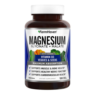 FarmHaven Magnesium Complex –Magnesium Glycinate & Malate w/Vitamin D3, 100% Chelated for Max Absorption, Vegetarian – Bone Health, Nerves, Muscles, 120 Capsules, 60 Days FarmHaven Au supplements