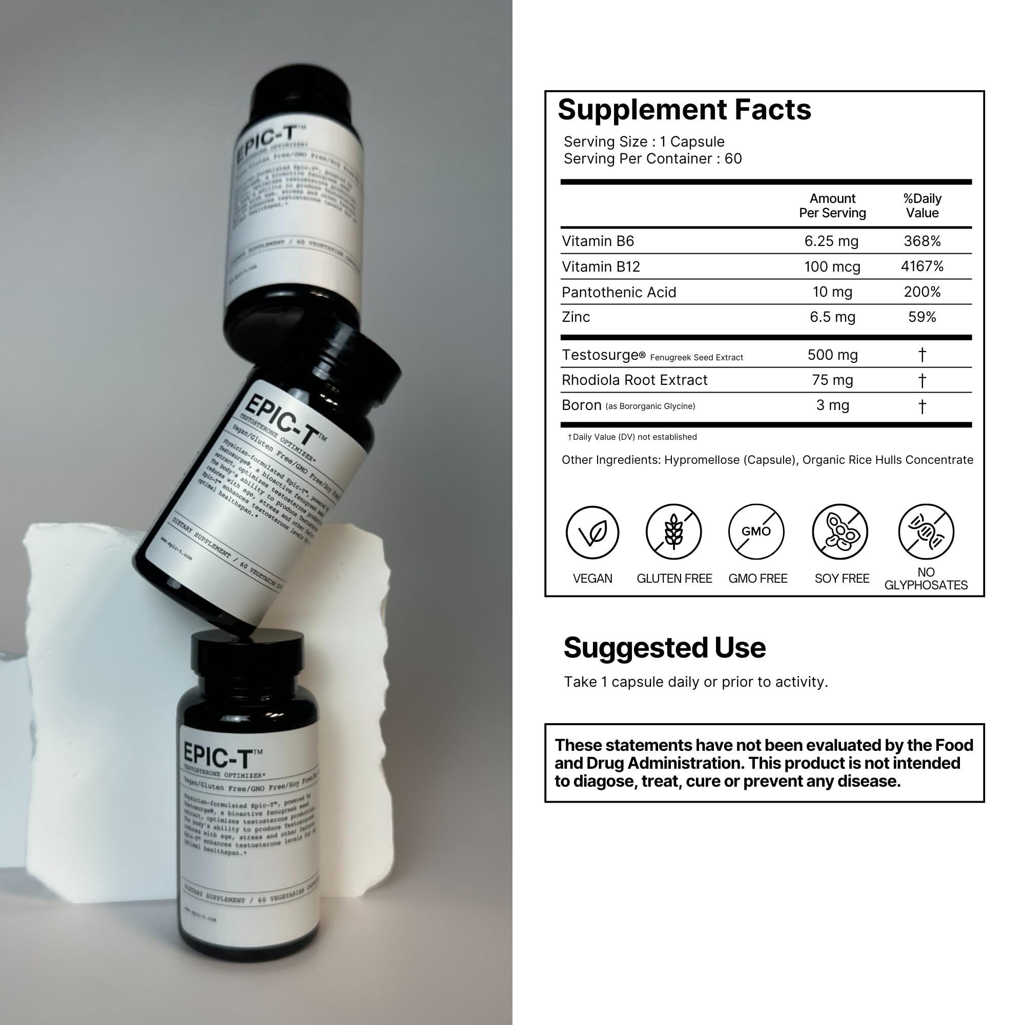 EPIC-T Testosterone Support Supplement for Men | Plant-Based Formula with Testosurge, B-Complex, B12, Zinc & Boron | Vegan, Non-GMO Daily Support EPIC Au supplements