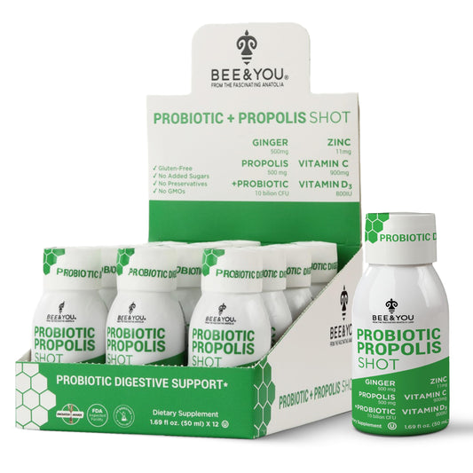 Bee and You Propolis Immune Shot, Probiotic, Vitamin C, Vitamin D3, Zinc, Ginger, Immune Support, Gut Health, Digestive Health, Bioactive 1.69 Fl. oz, 12 Pack BEE & YOUAu supplements