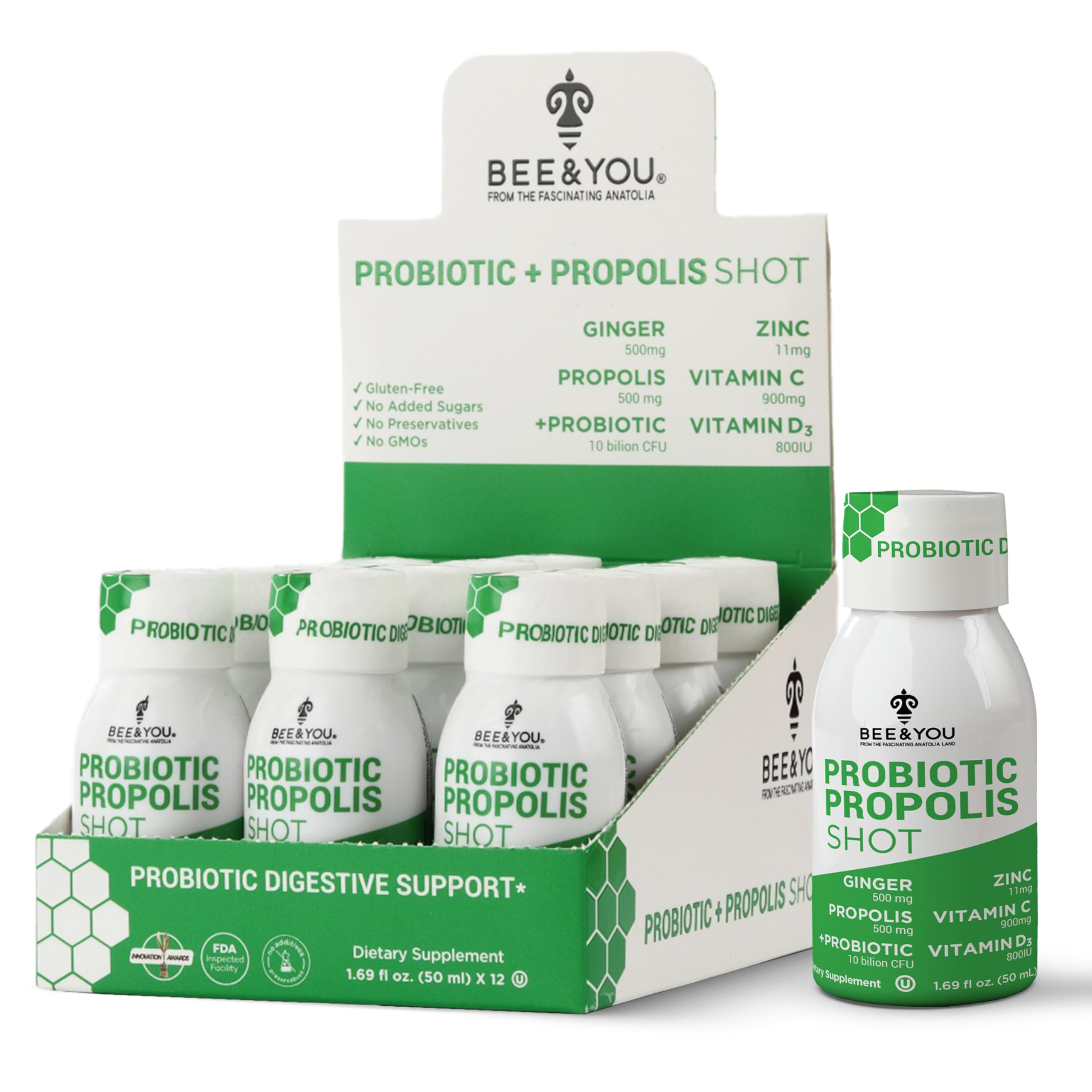 Bee and You Propolis Immune Shot, Probiotic, Vitamin C, Vitamin D3, Zinc, Ginger, Immune Support, Gut Health, Digestive Health, Bioactive 1.69 Fl. oz, 12 Pack BEE & YOU Au supplements