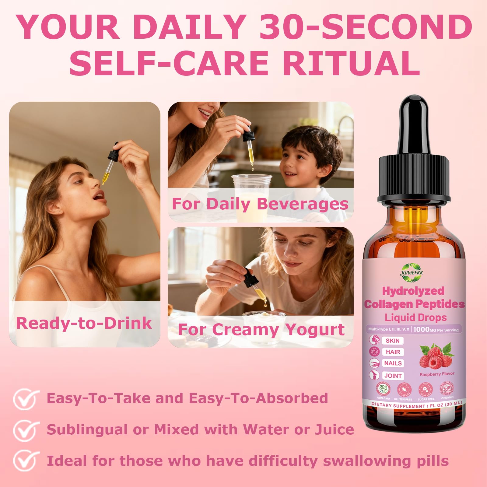 JUIWEFKK Hydrolyzed Collagen Peptides Liquid Organic Collagen Complex w. Biotin, Vitamin C & Hyaluronic Acid, Liquid Collagen Types I, II, III, IV, V for Hair, Skin, Nails & Joint Healthd JUIWEFKK Au supplements