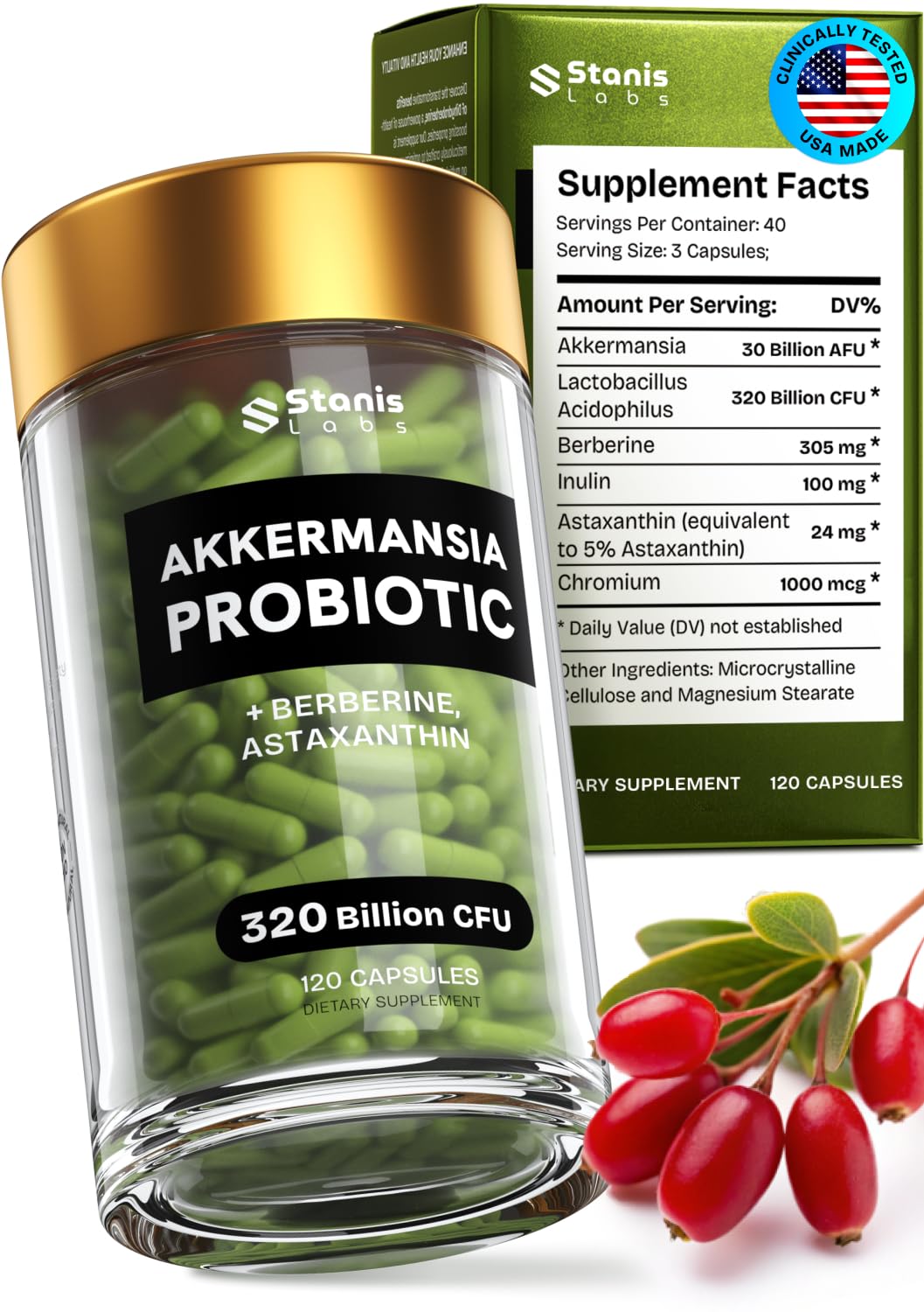 Akkermansia Muciniphila Probiotics 320 Billion CFU| Probiotic and Prebiotic | Akkermansia Probiotics for gut health | Inulin Prebiotic Fiber Capsules Astaxanthin & Berberine & Chromium | 120 capsules Stanis Labs Au supplements