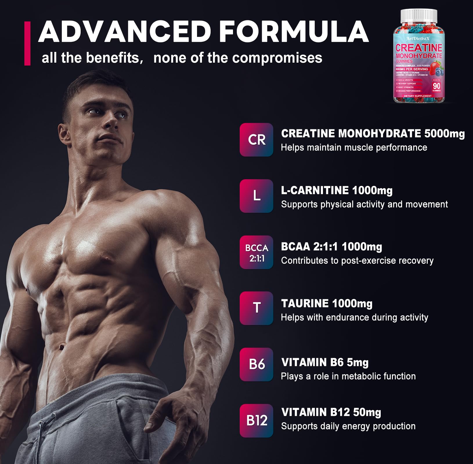 Creatine Monohydrate 8000mg Gummies with BCAA, L-Carnitine, Taurine & Vitamin B12 - Pre Workout Supplement for Muscle Growth, Strength & Energy, Multi-Flavor Chewable Gummies, 90 Count for Men & Women ArtDietistX Au supplements
