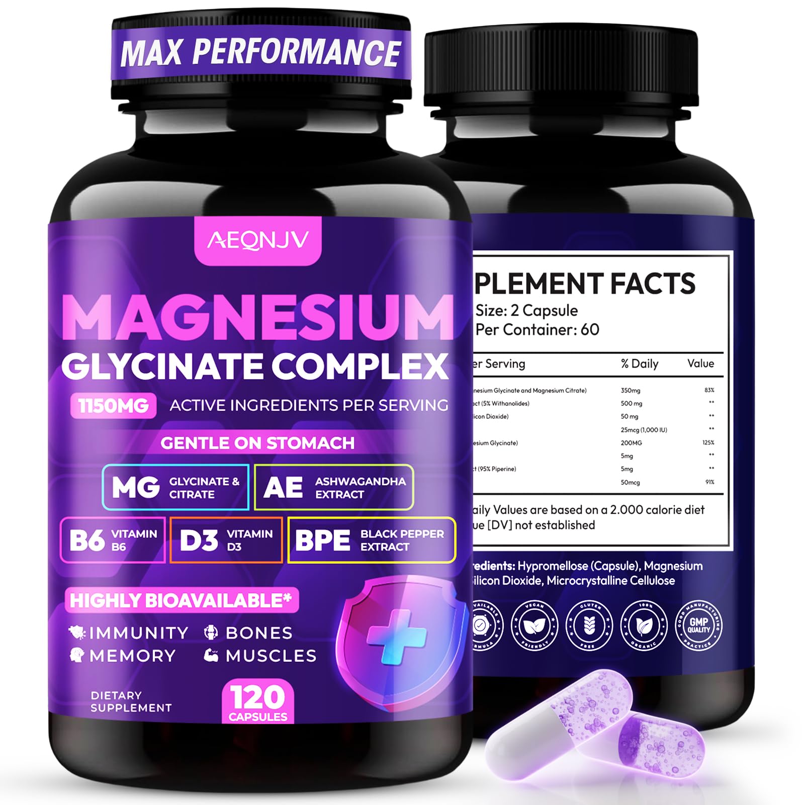 Magnesium Glycinate Complex 1150mg - Gentle on Stomach High Absorption Magnesium Capsules with Citrate, Silica, Ashwagandha & Vitamin B6 for Zzz, Stress Relief, Muscle Support for Adults, Women & Men AEQNJV Au supplements
